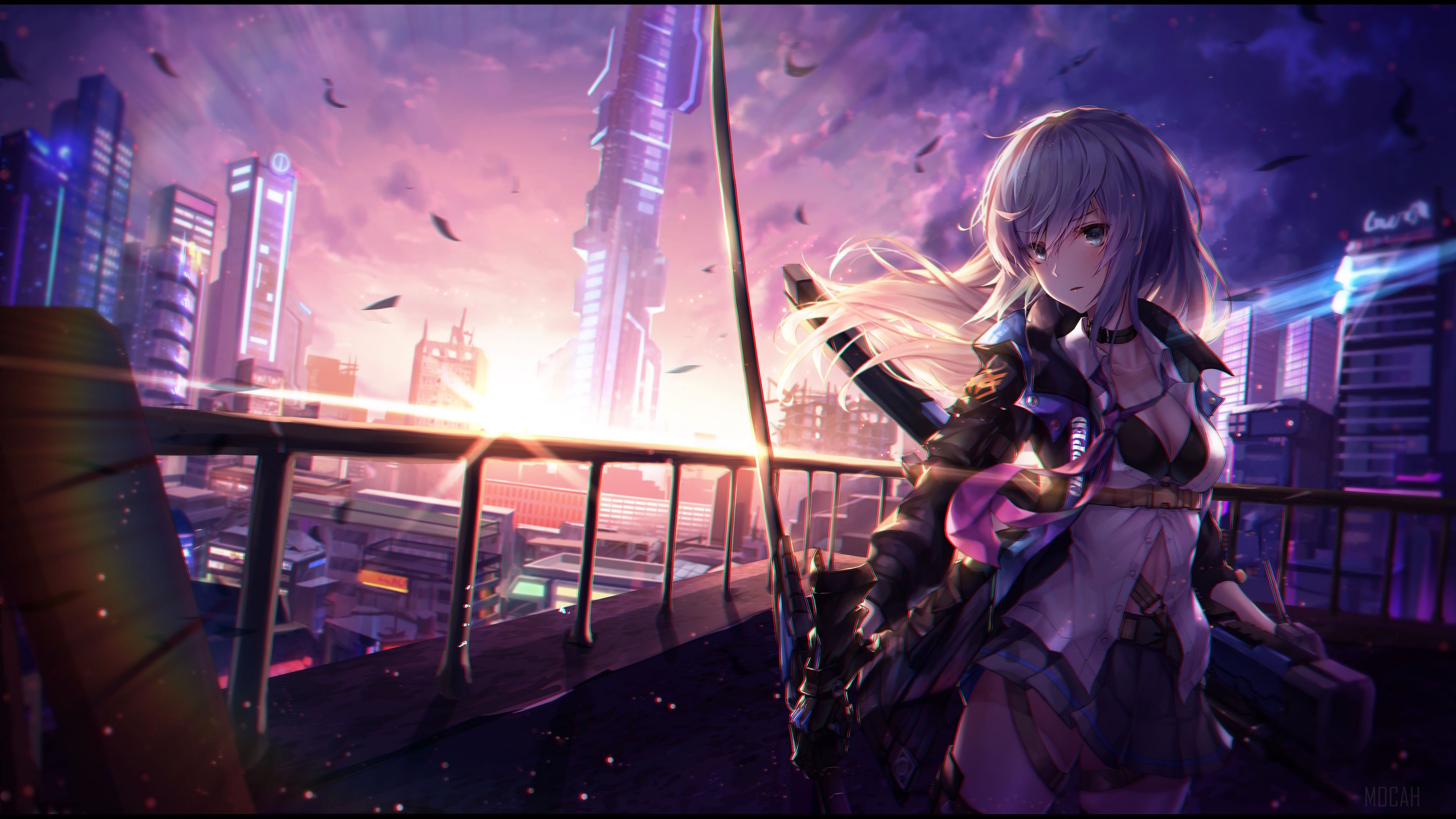Anime girl with sword in futuristic city at sunset HD Wallpaper