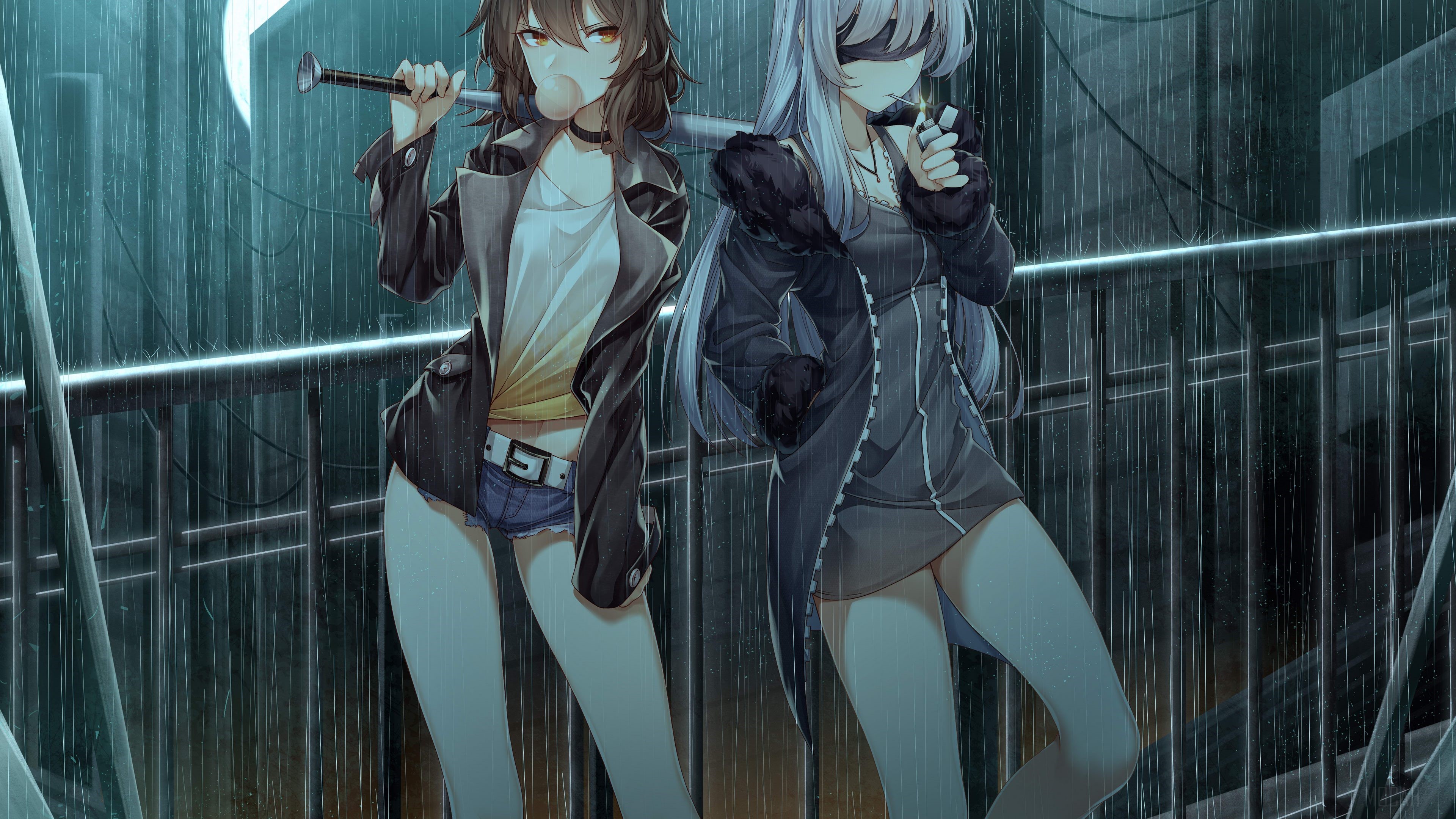 Two girls in the rain with a baseball bat HD Wallpaper
