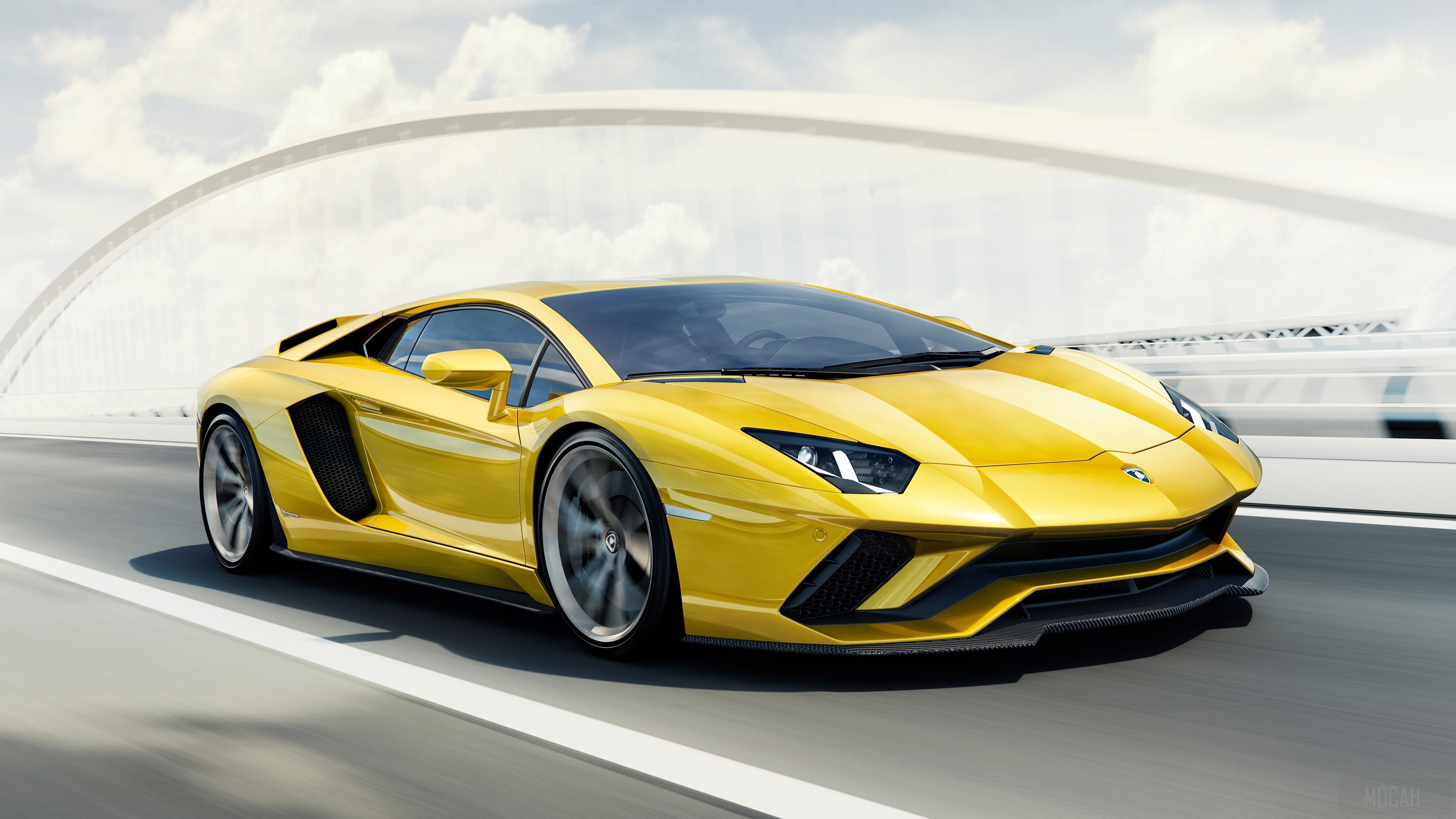 Yellow Lamborghini Aventador driving on a bridge HD Wallpaper