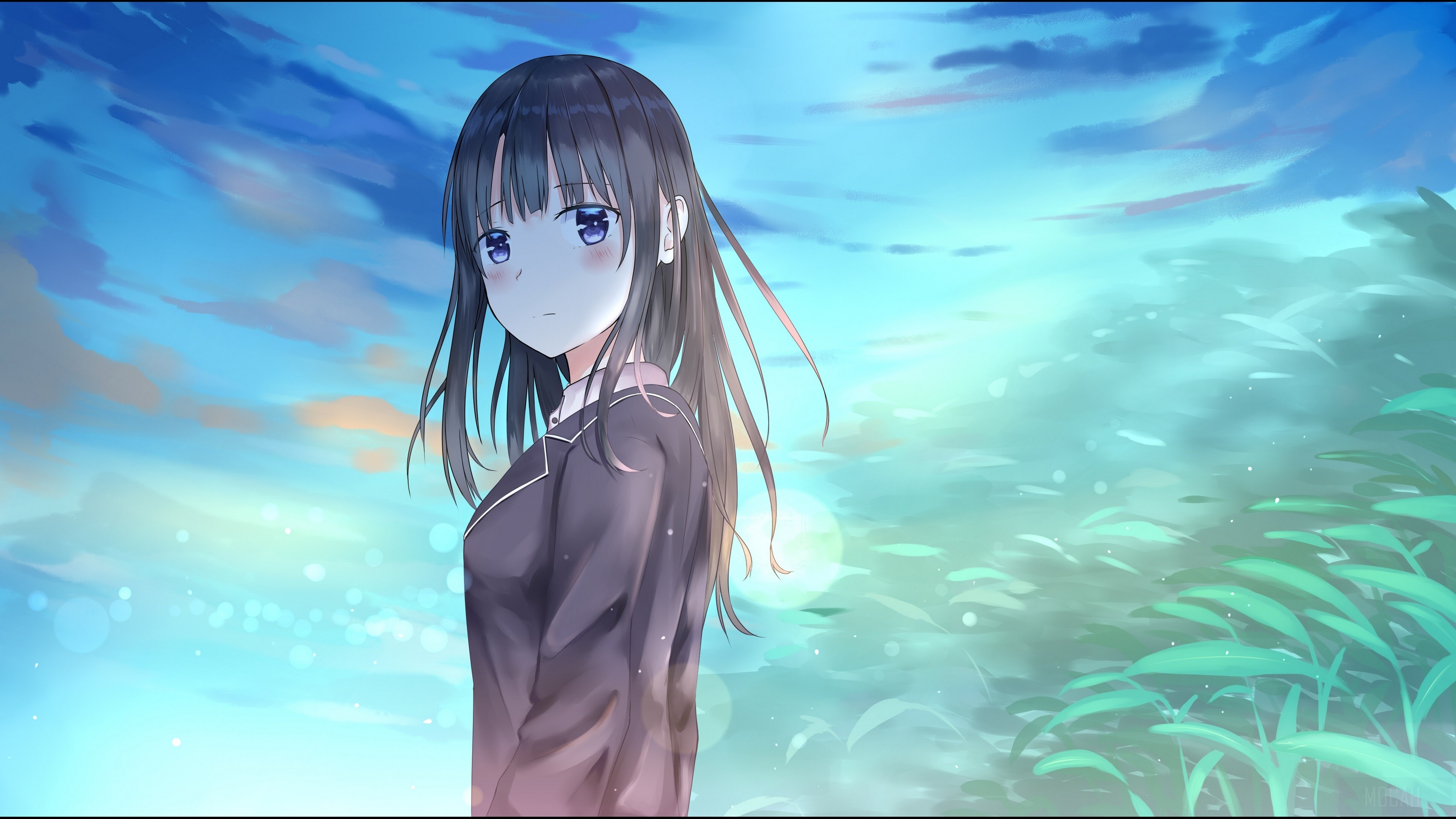 Anime girl in school uniform against a sky background HD Wallpaper