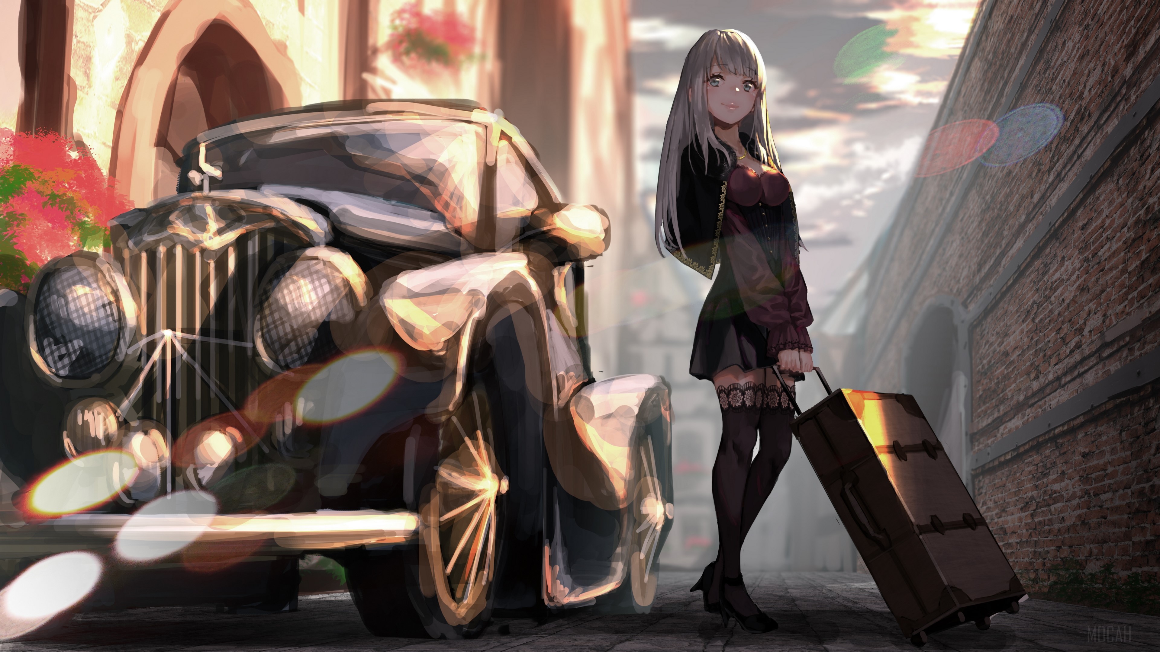 Girl with suitcase and vintage car HD Wallpaper