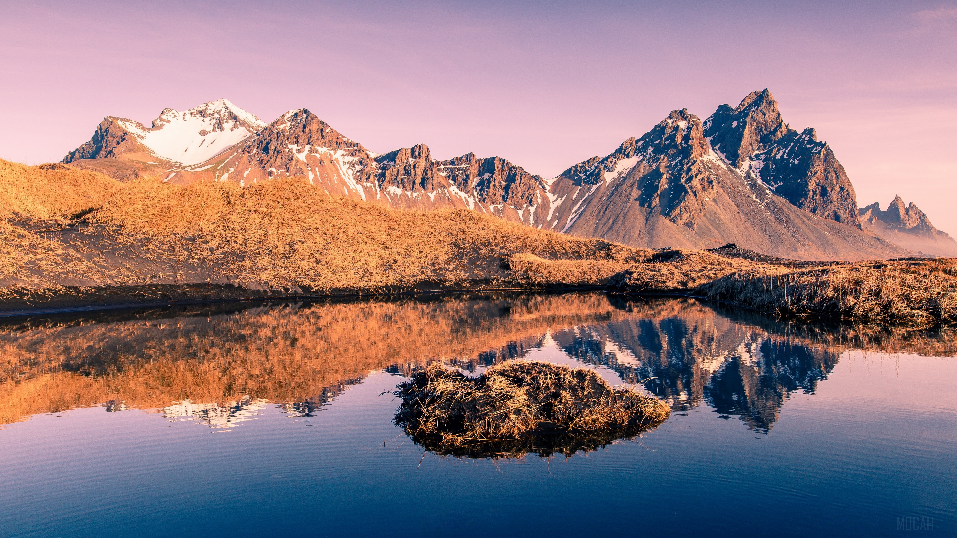 Lake reflection of mountains and dry grass 4K HD Wallpaper