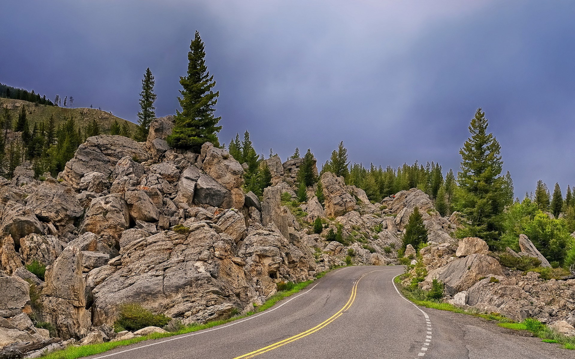 Winding mountain road through rocky terrain with pine trees HD Wallpaper