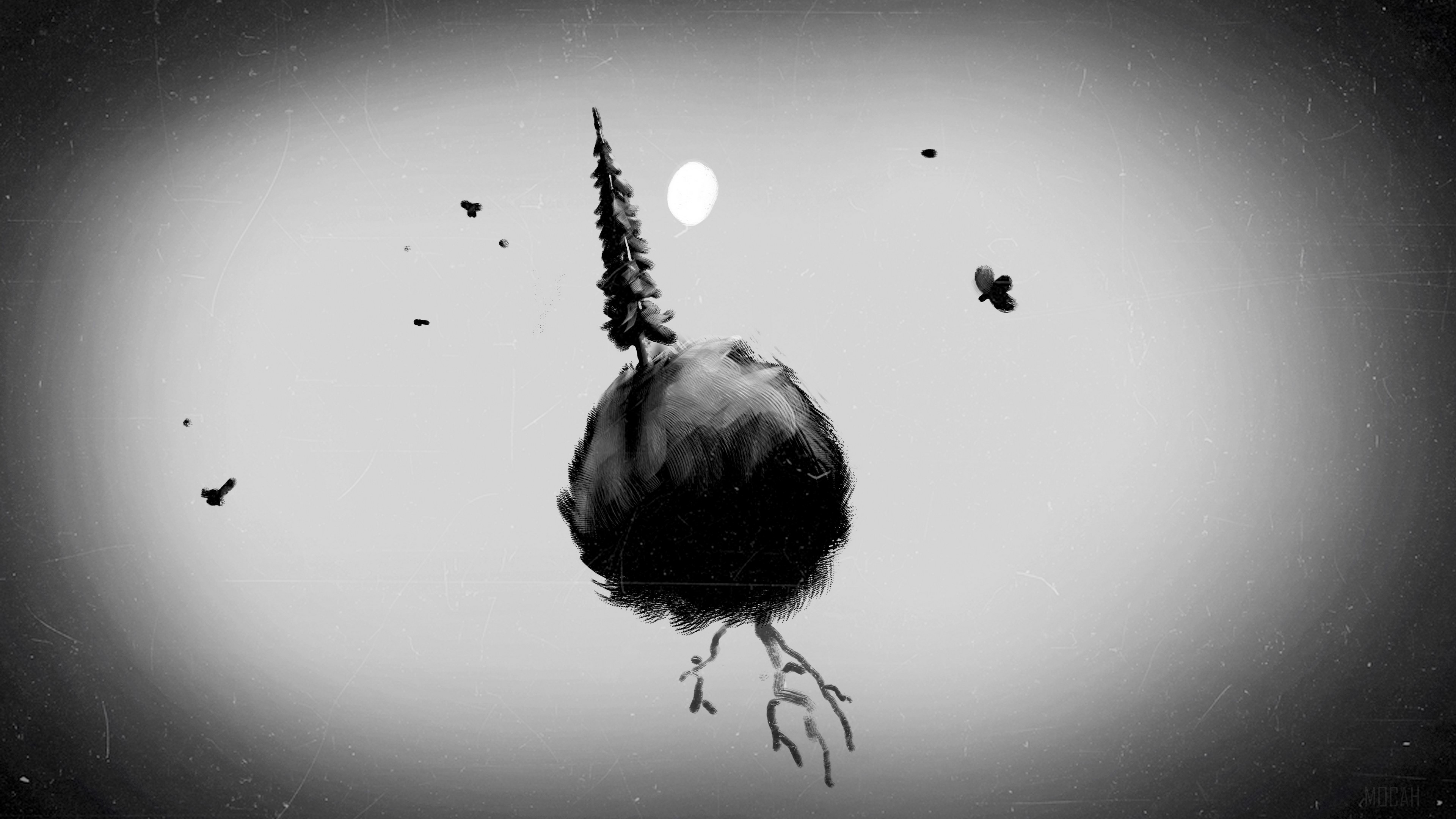 Floating island with a tree and birds HD Wallpaper
