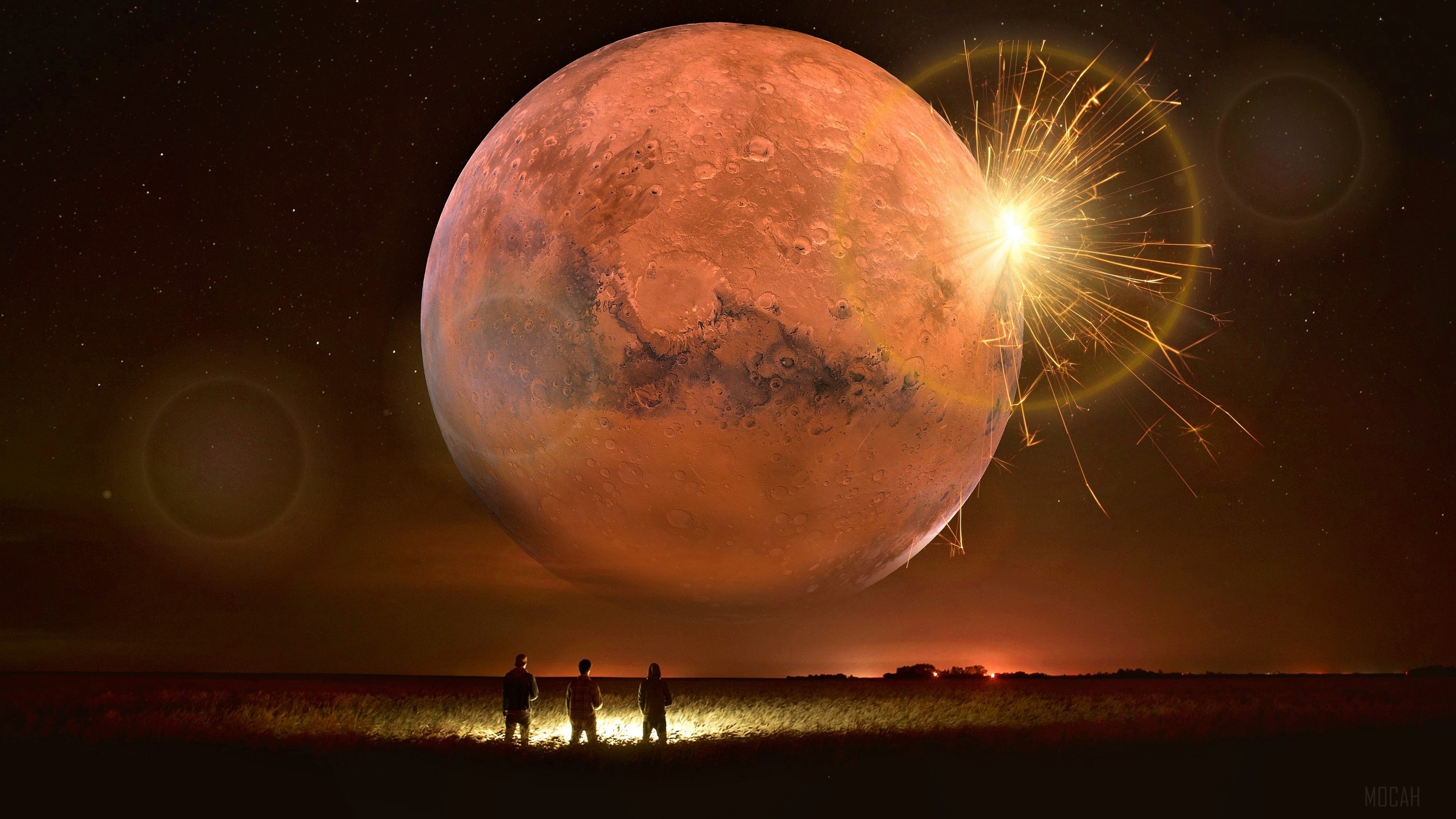 Three people watch Mars erupt in space HD Wallpaper