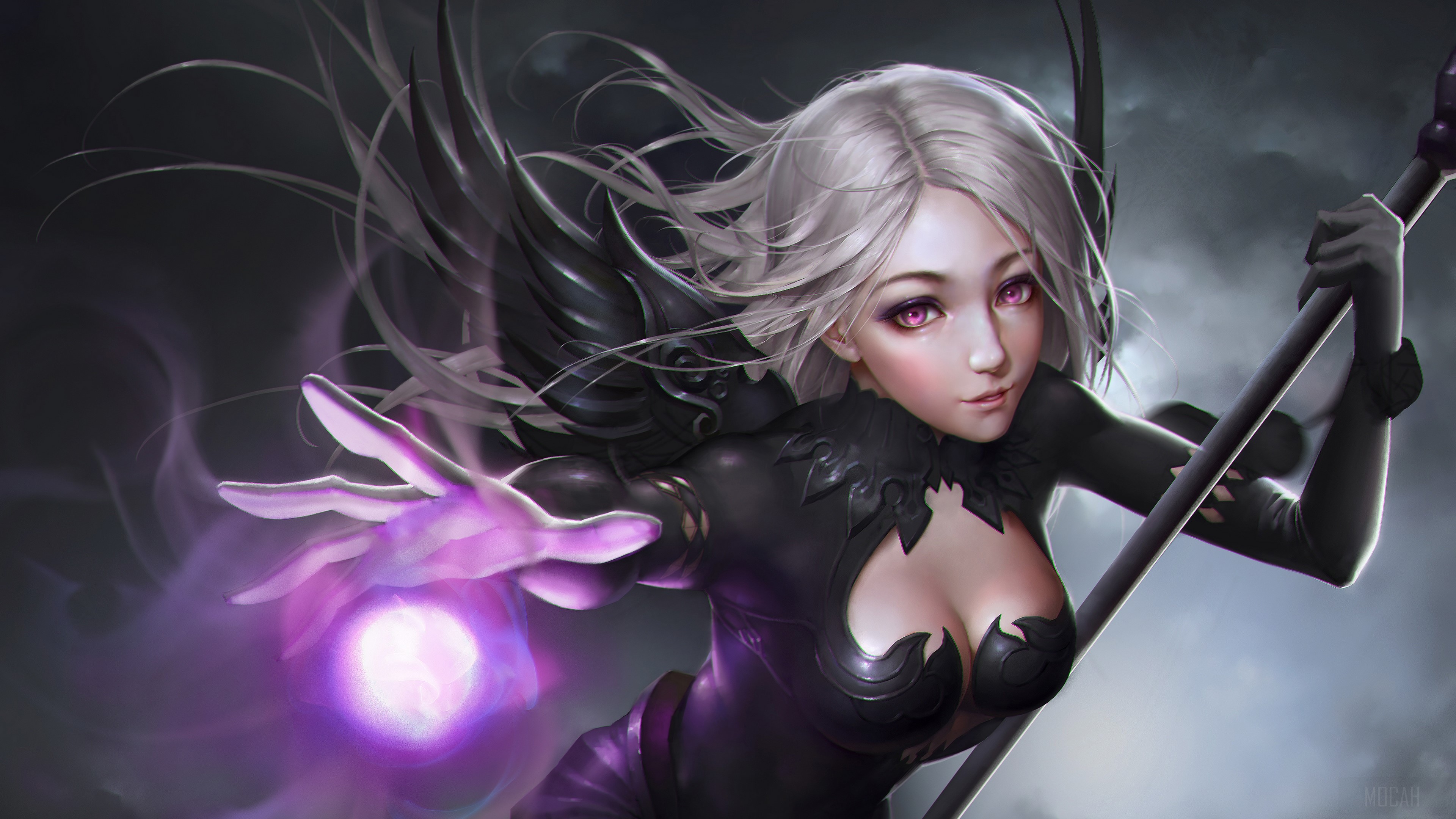 Woman with white hair and purple magic HD Wallpaper