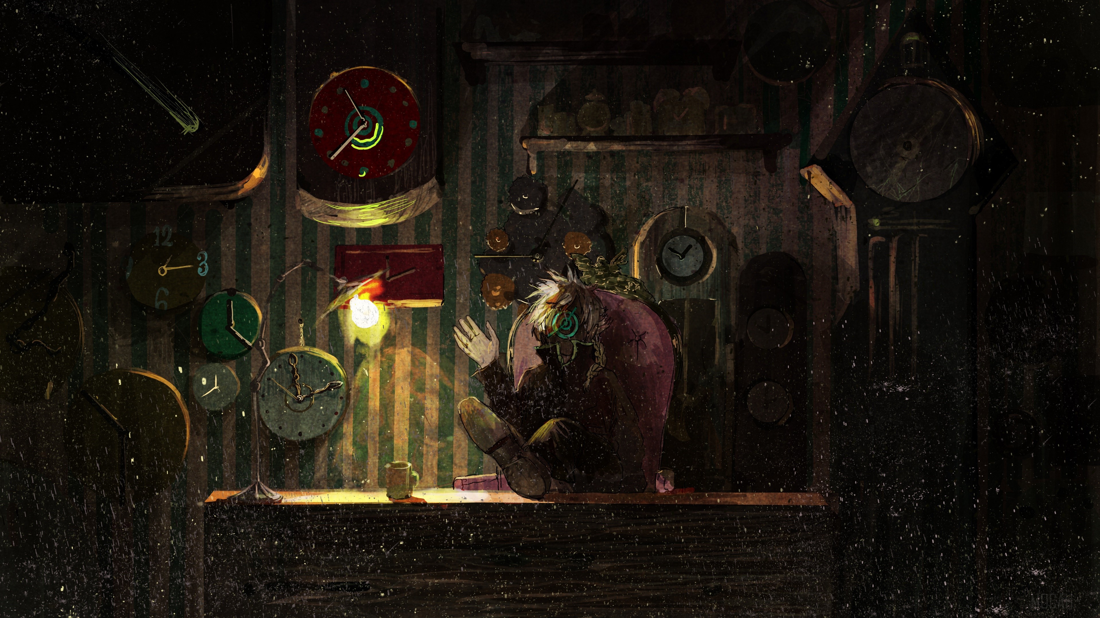 A character sits surrounded by clocks HD Wallpaper