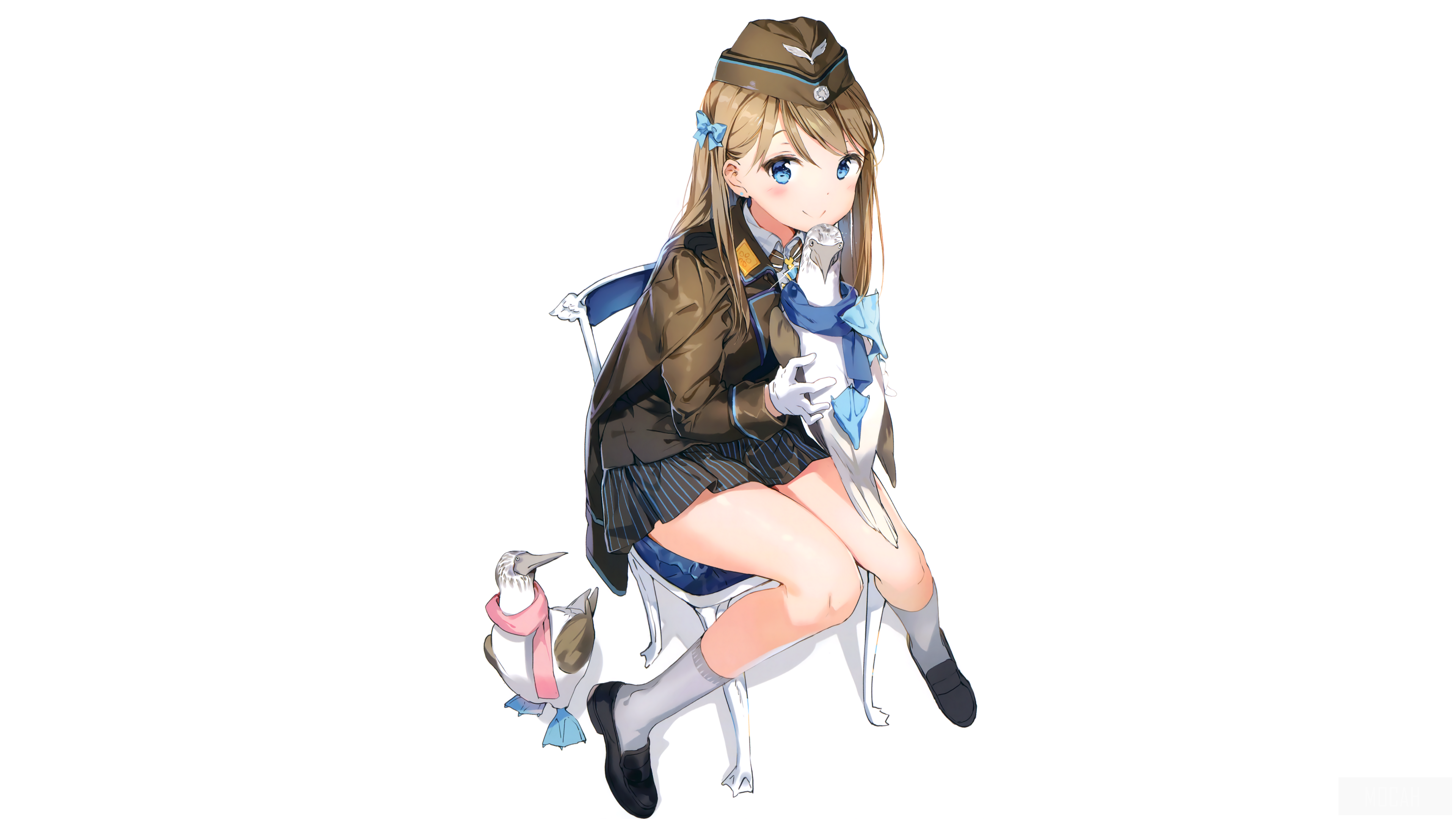 Anime girl in uniform with a penguin HD Wallpaper