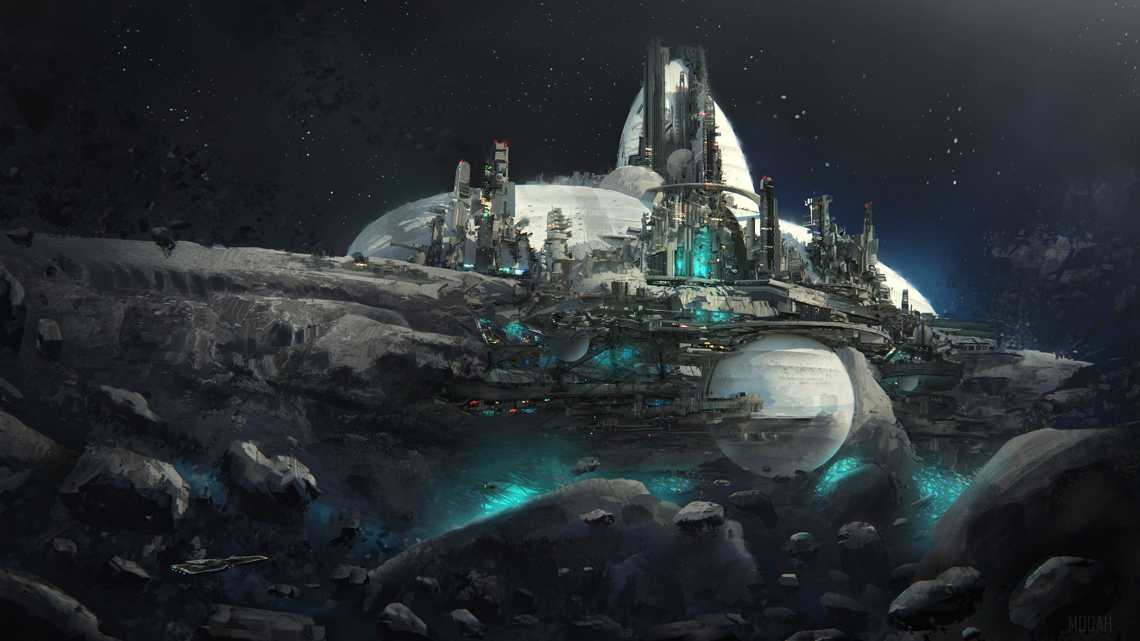 Futuristic City on Asteroid in Space 4K HD Wallpaper