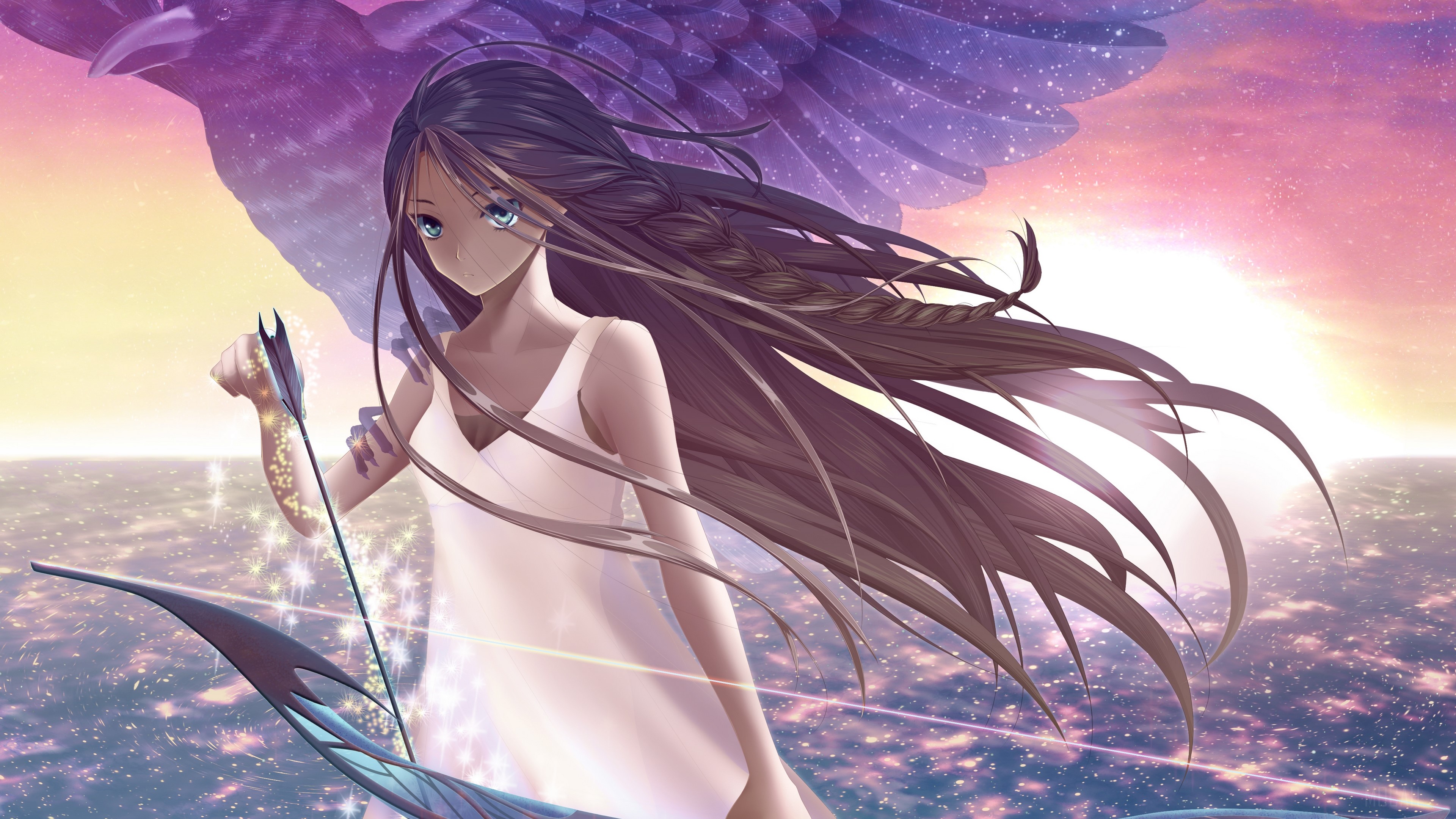 Anime girl with bow and arrow against starry sky HD Wallpaper