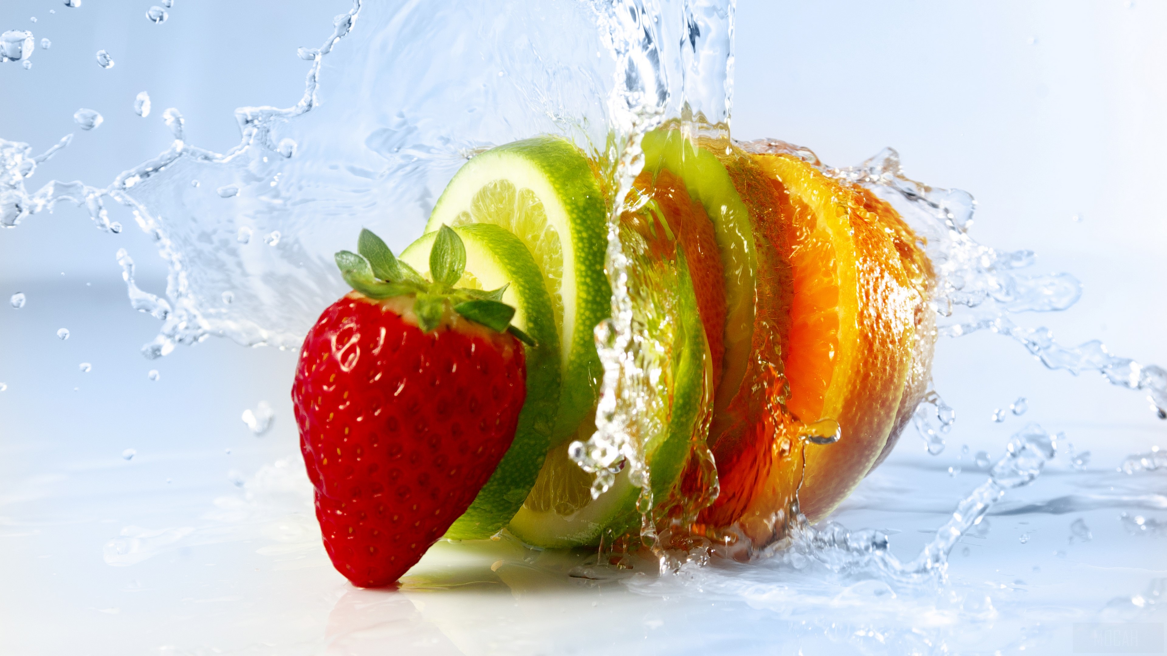 Strawberry, Lime, and Orange Slices with Water Splash 4K HD Wallpaper