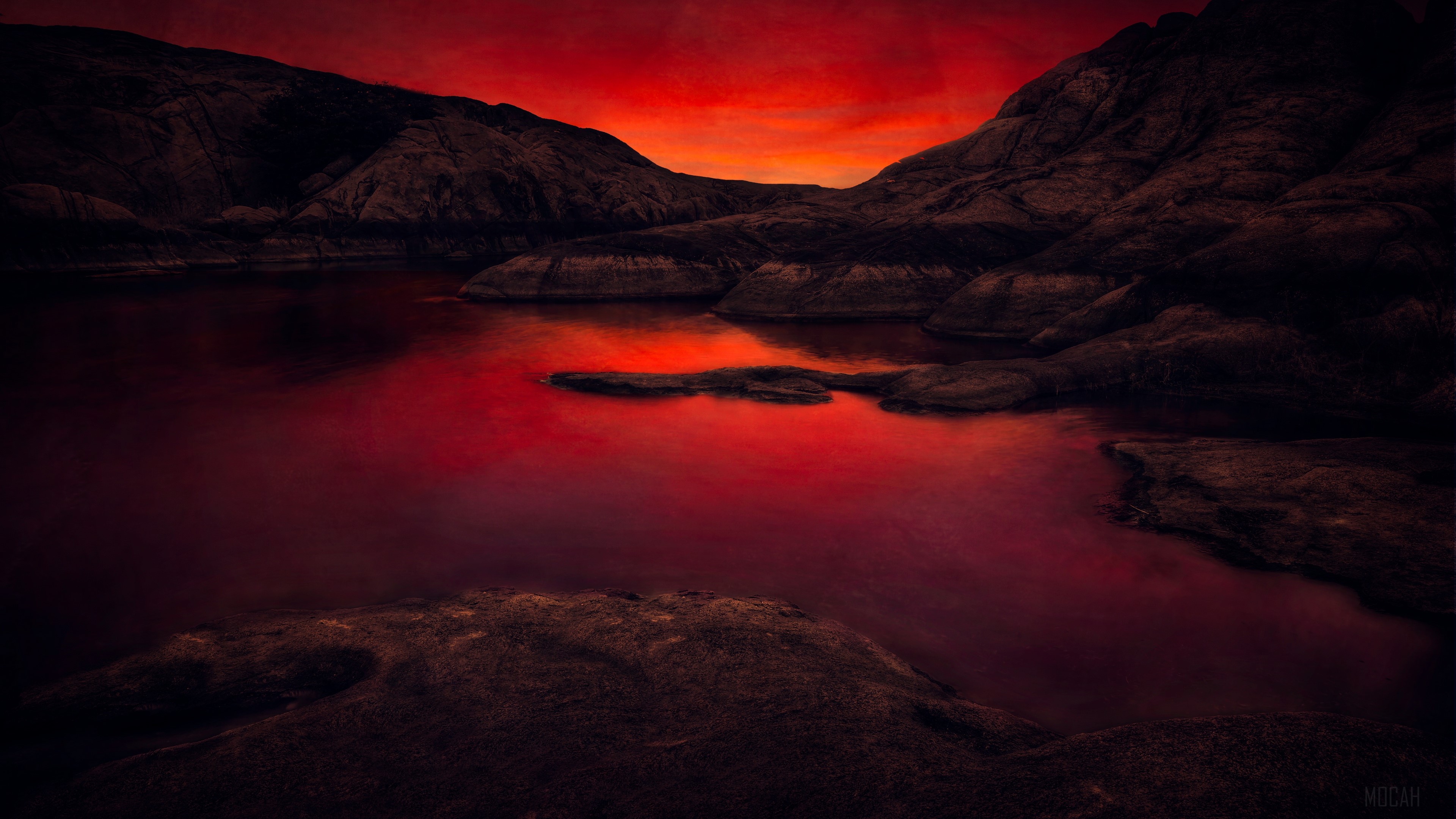 Lake and Rocky Shoreline at Sunset 4K HD Wallpaper