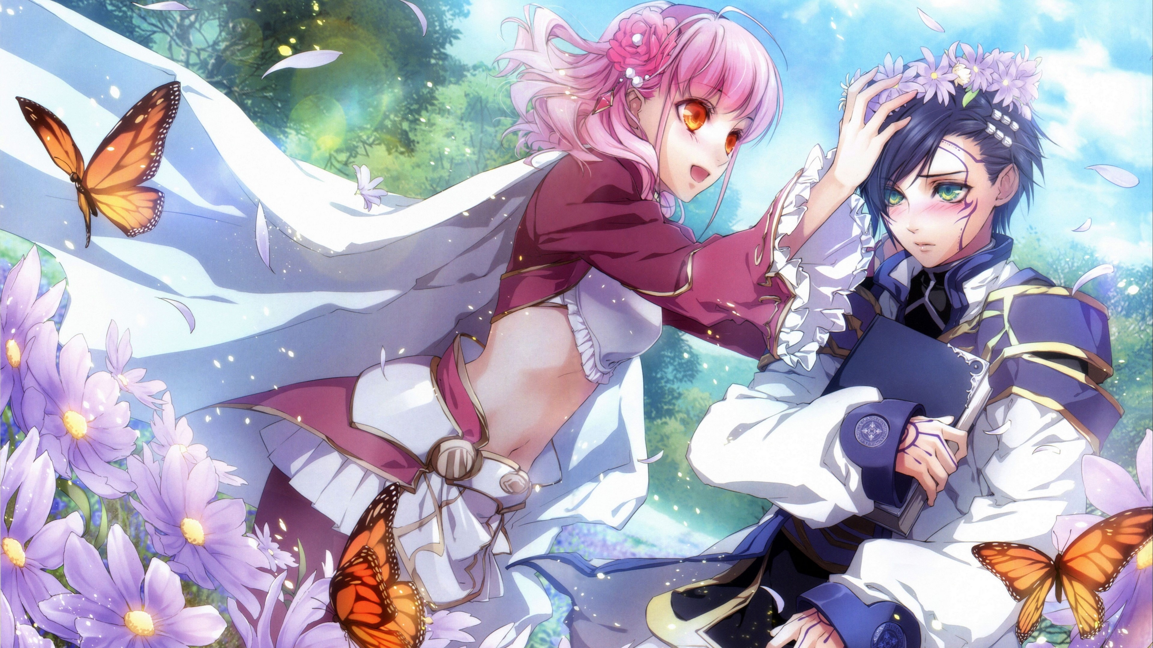Anime Girl and Boy with Butterflies and Flowers 4K HD Wallpaper