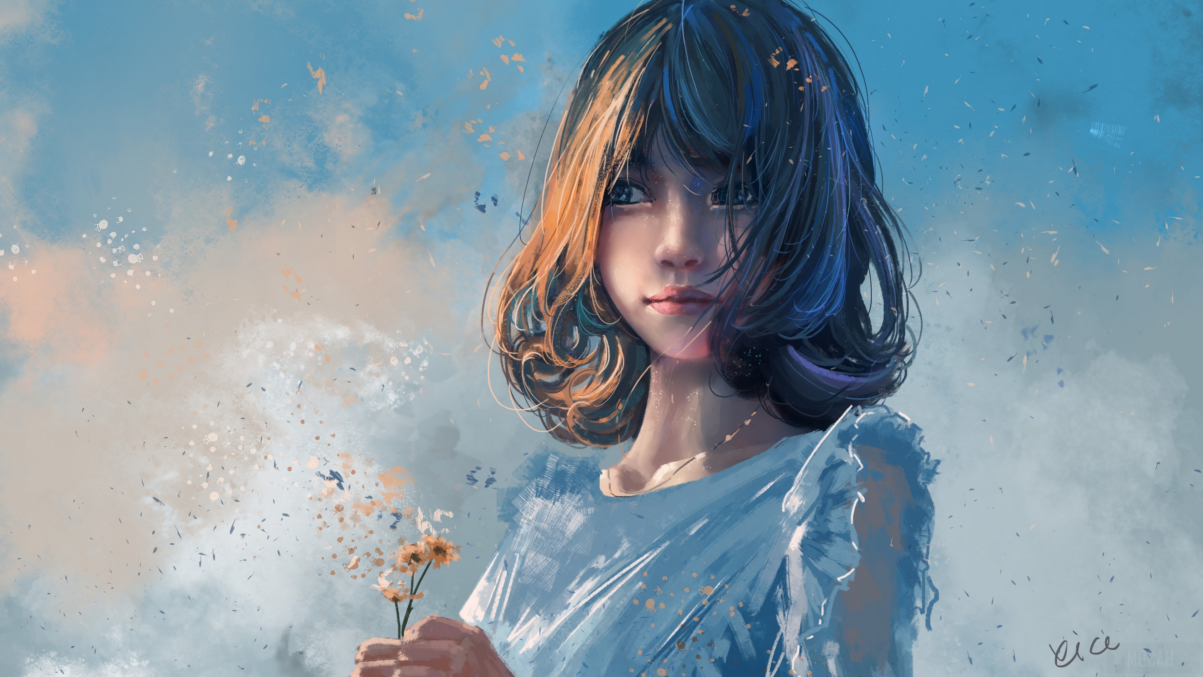 Girl holding flowers in front of sky HD Wallpaper
