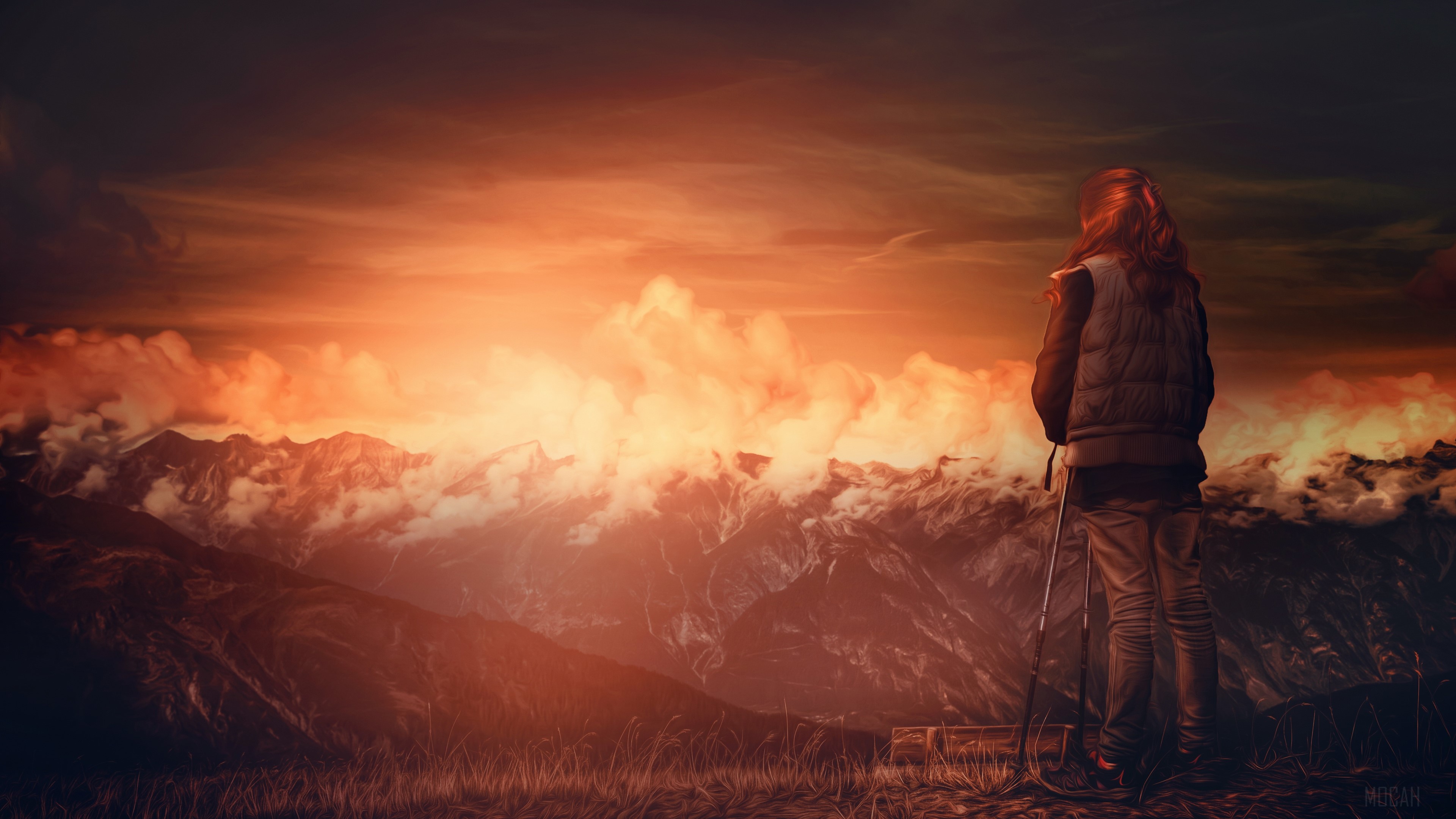 Woman with hiking poles overlooking mountains at sunset 4K HD Wallpaper