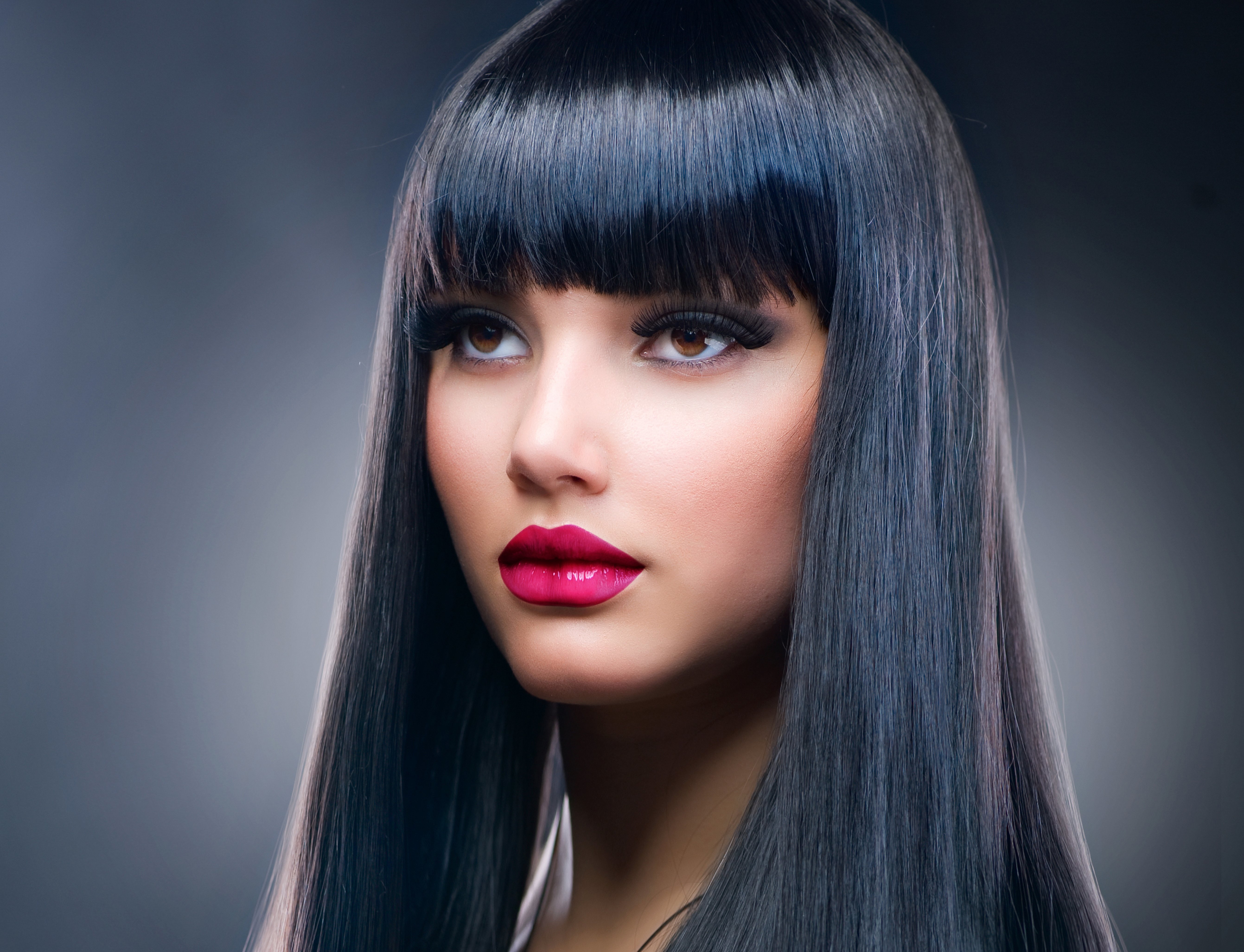 Beautiful woman with dark hair and bright lipstick HD Wallpaper