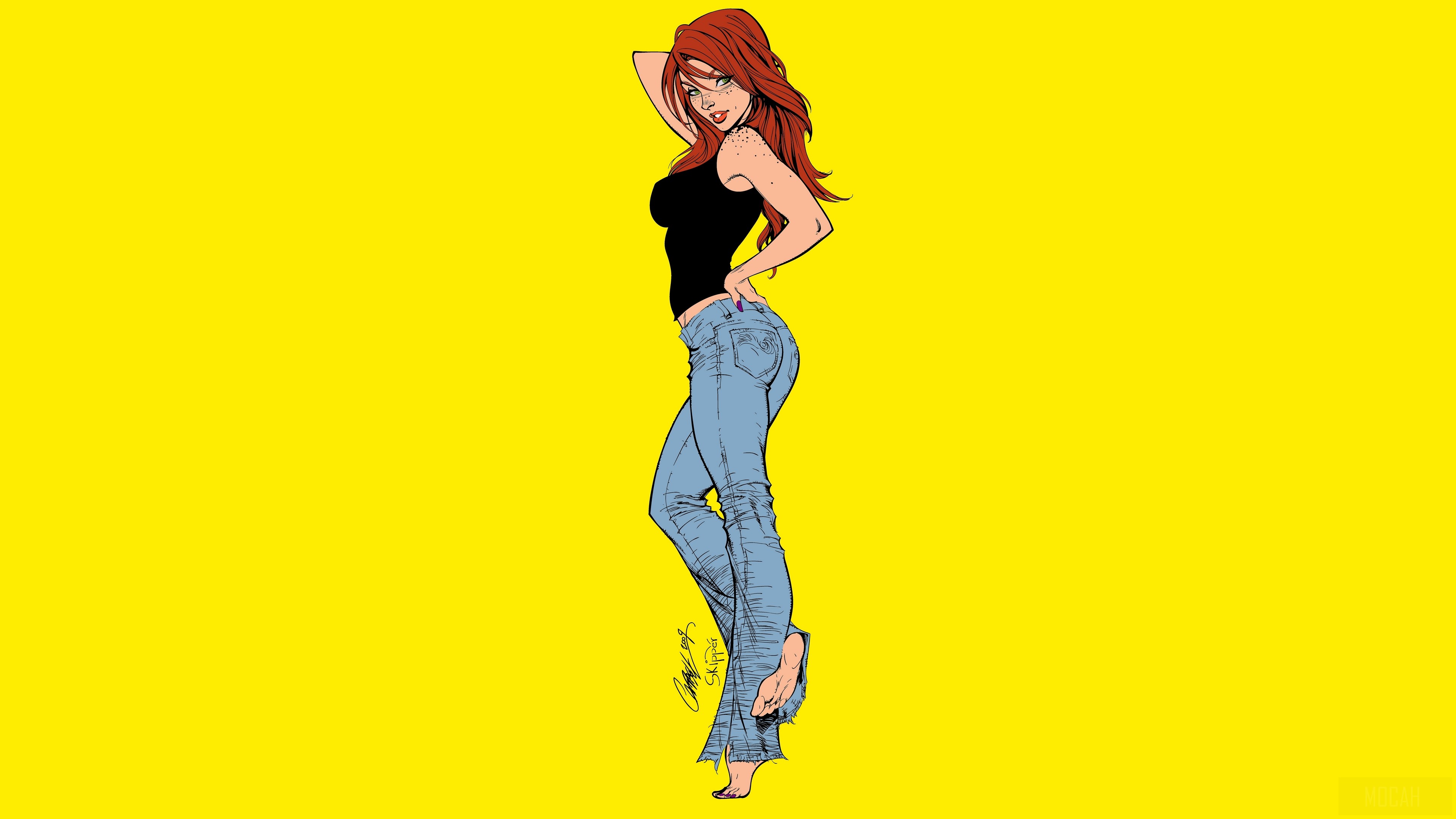 Woman in black tank top and jeans HD Wallpaper