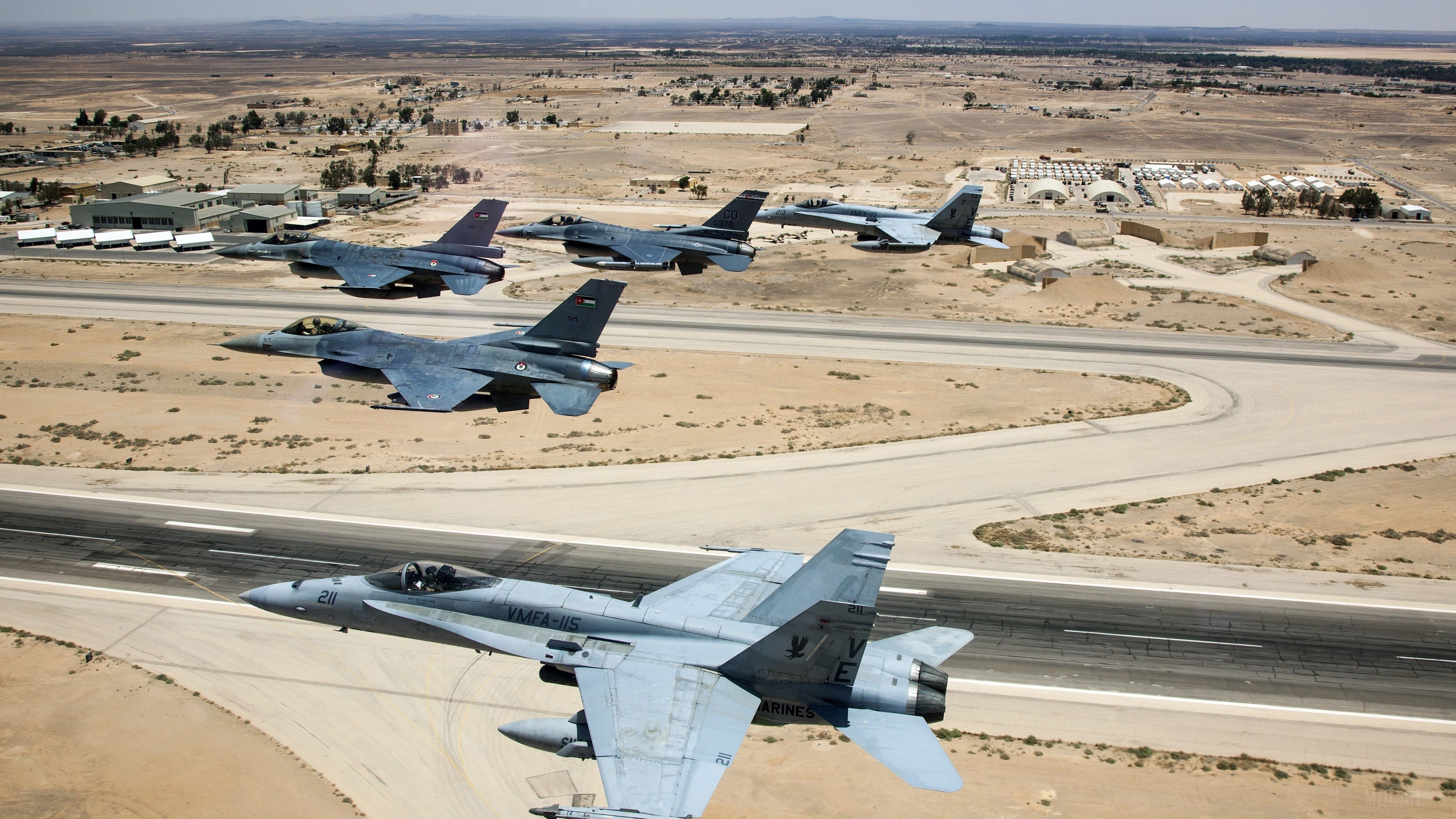 McDonnell Douglas F/A-18 Hornet and F-16 Fighting Falcons in formation HD Wallpaper