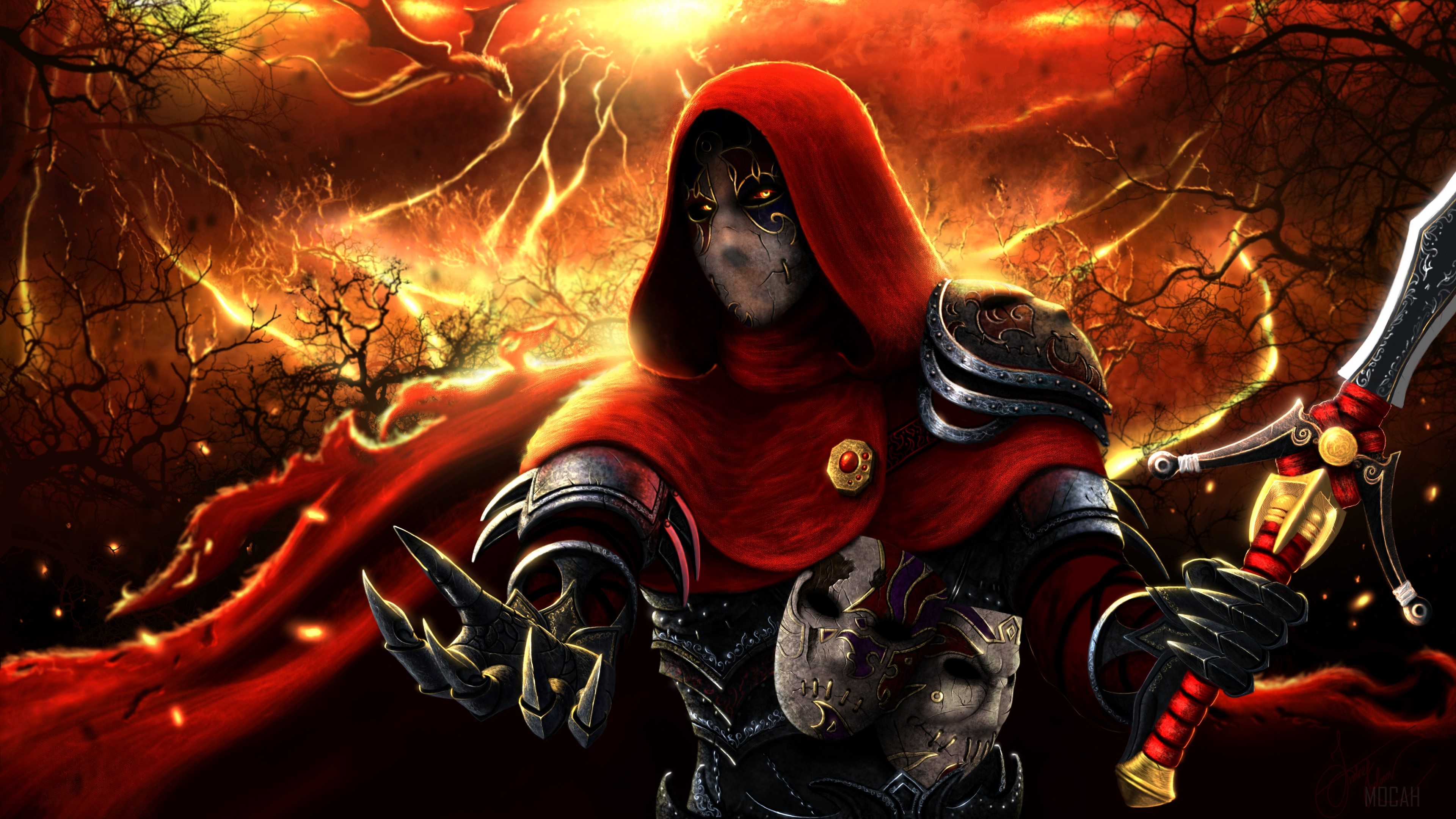 4K fantasy warrior with red hood and sword HD Wallpaper