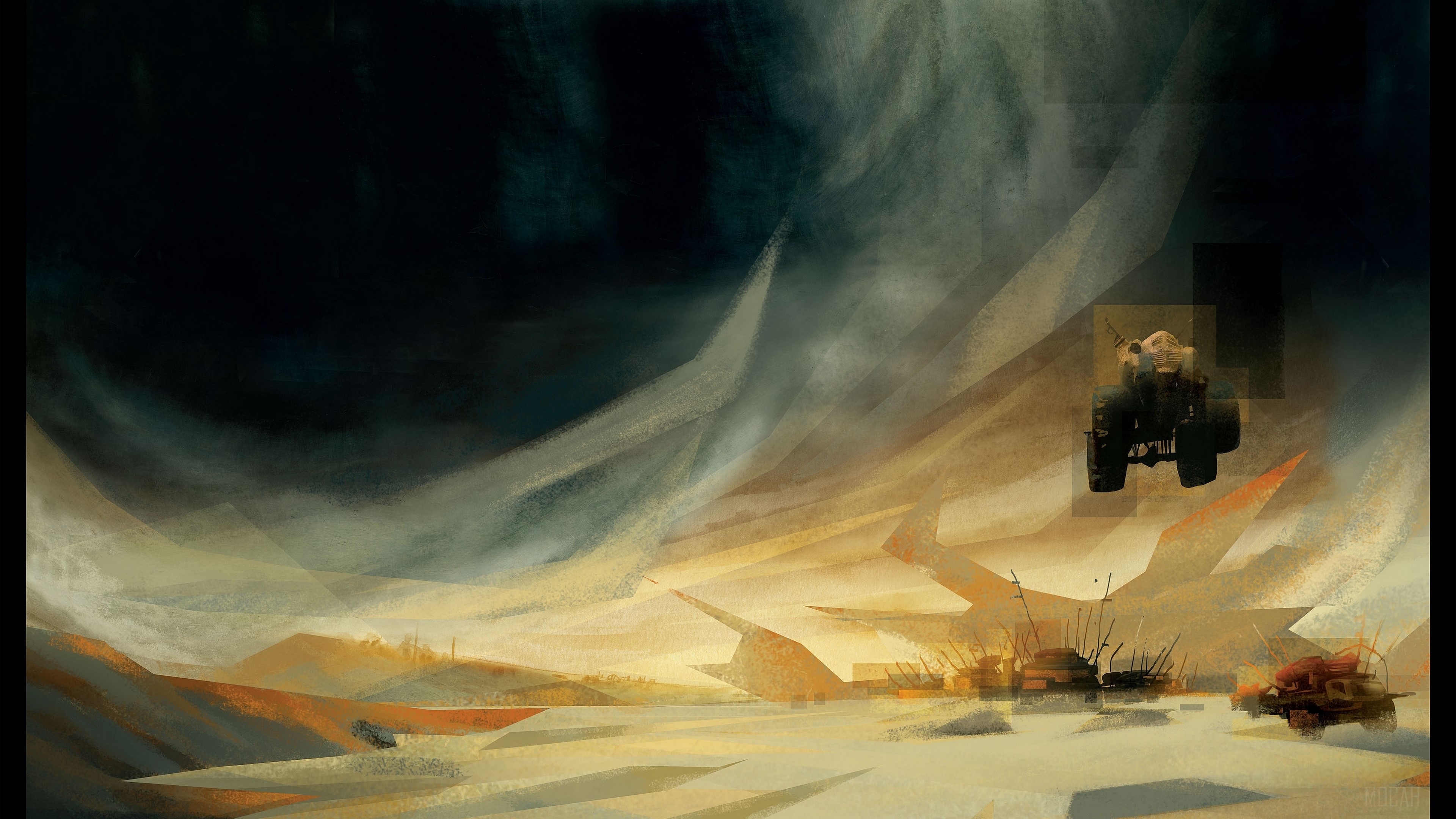 4K post-apocalyptic landscape with a vehicle HD Wallpaper