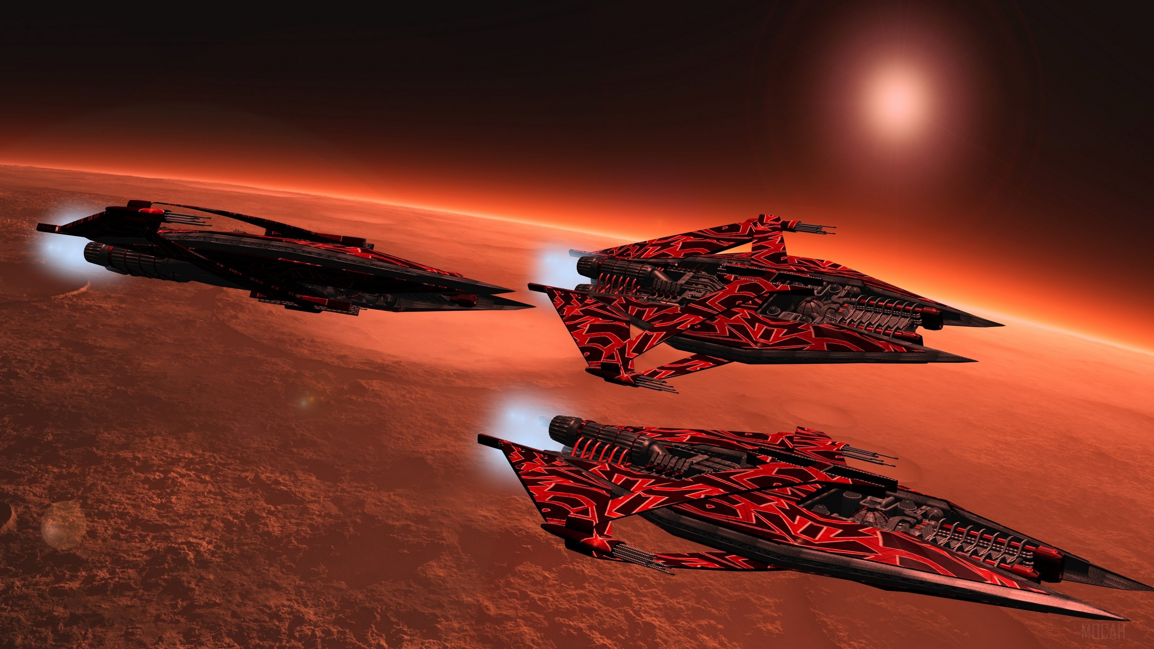 Three alien spaceships in orbit above a red planet HD Wallpaper