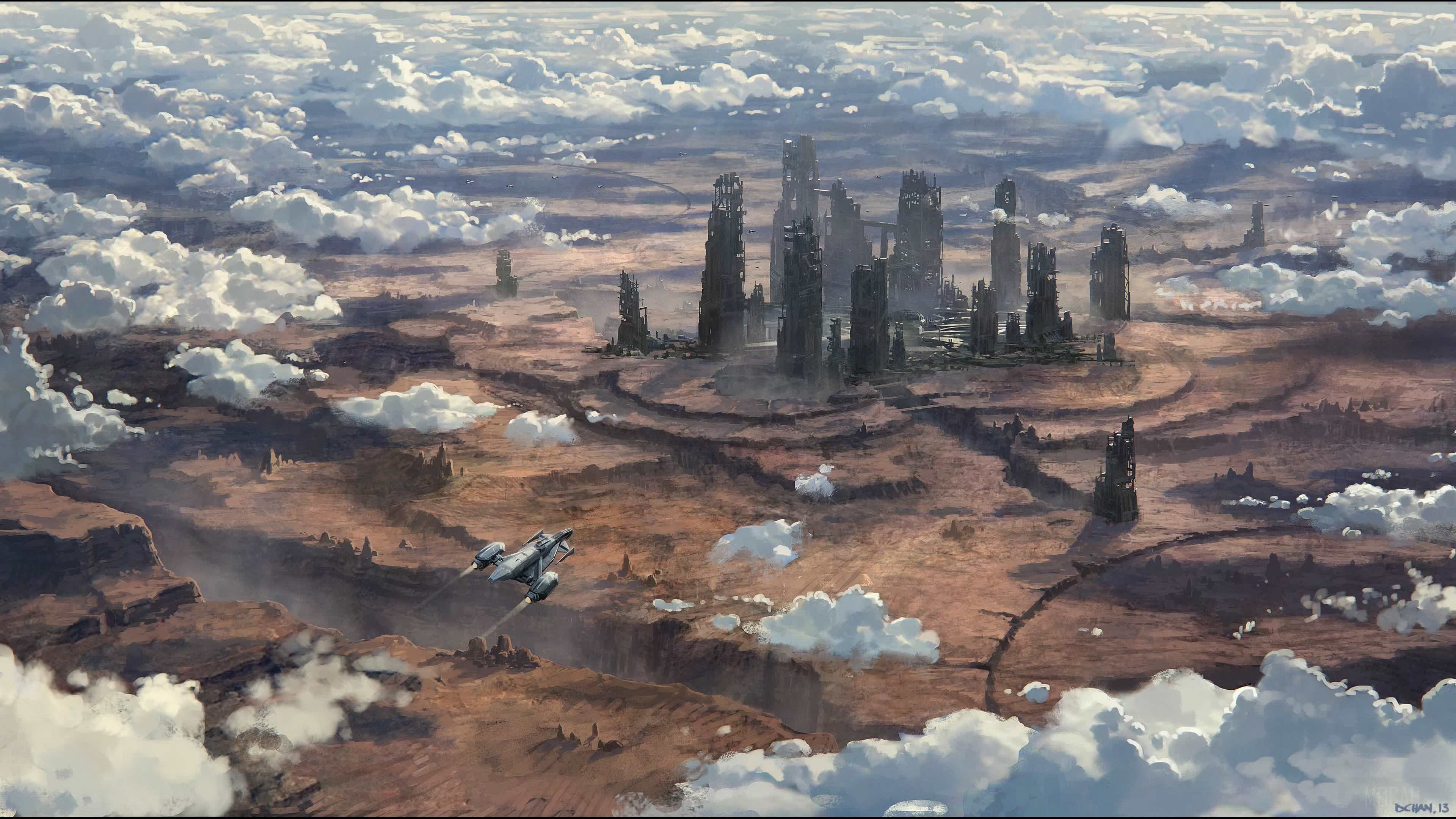 Ruined Cityscape with Spaceship in Clouds HD Wallpaper