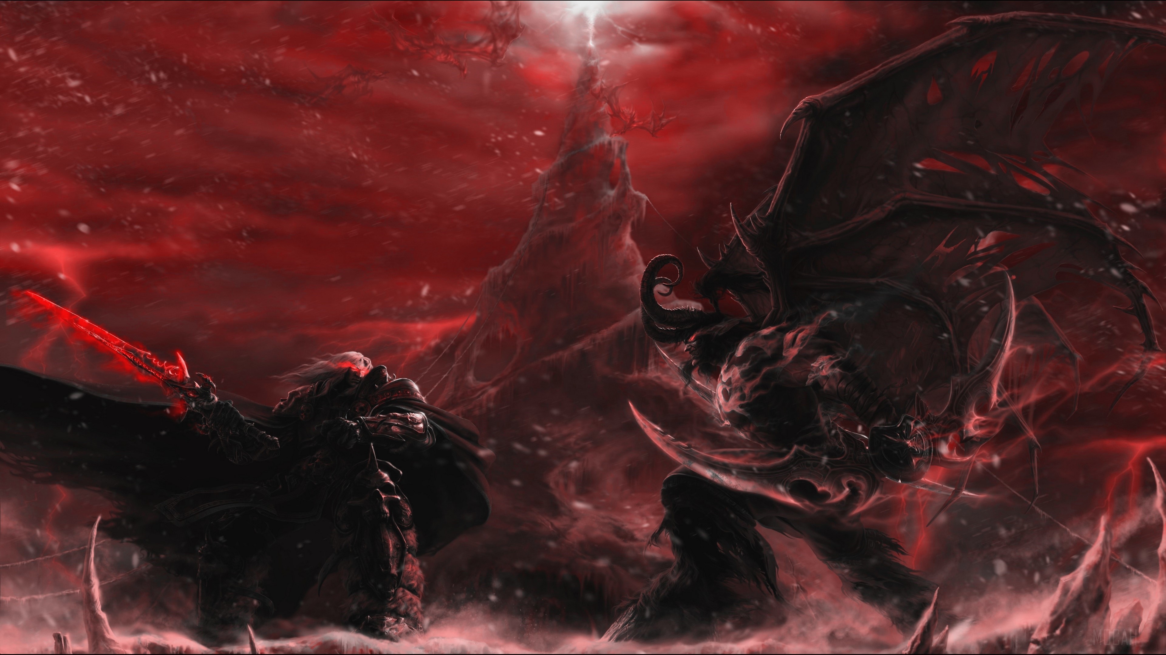 Two demonic figures in a red, stormy landscape HD Wallpaper