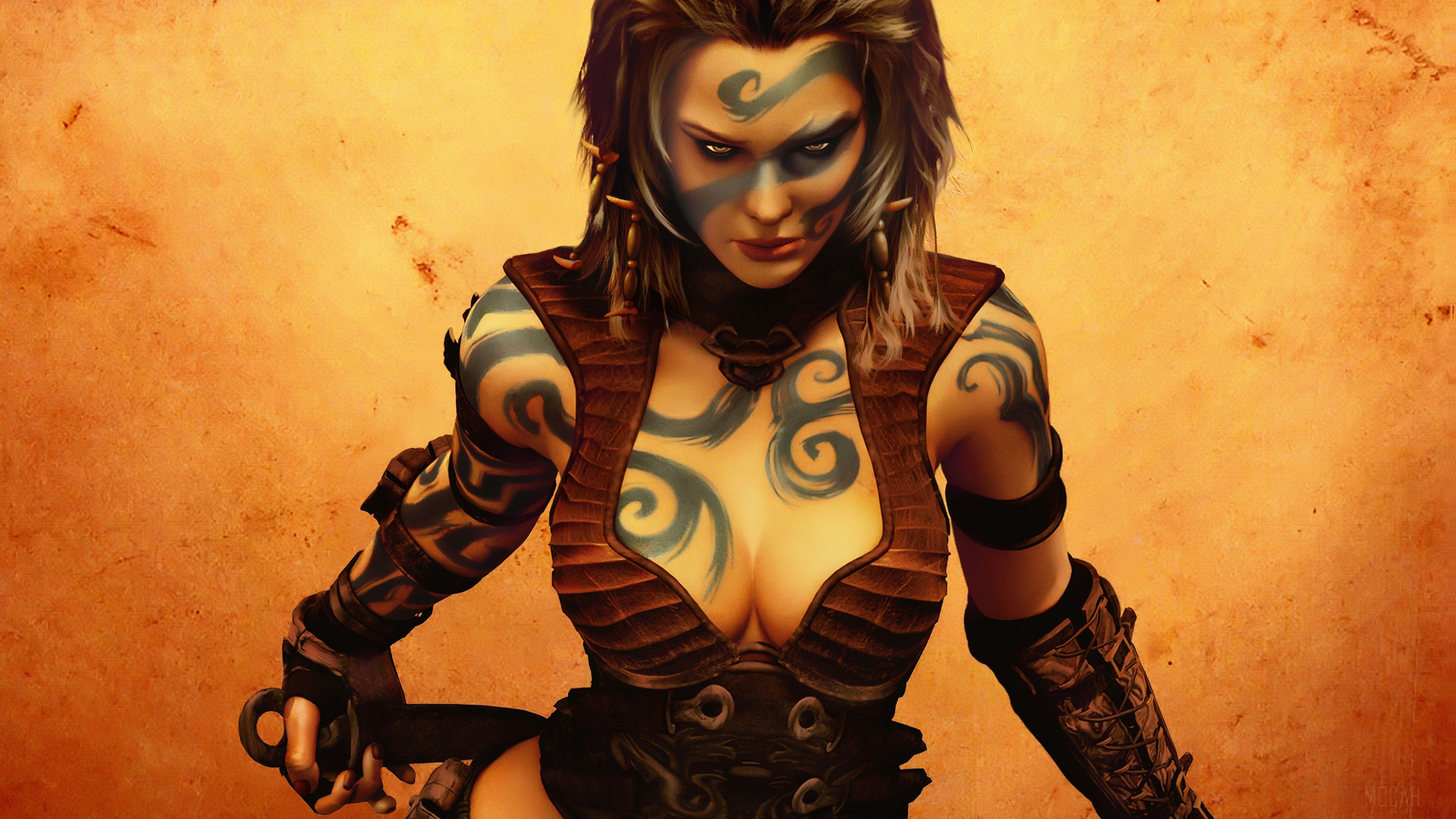 Woman with tribal tattoos and face paint HD Wallpaper