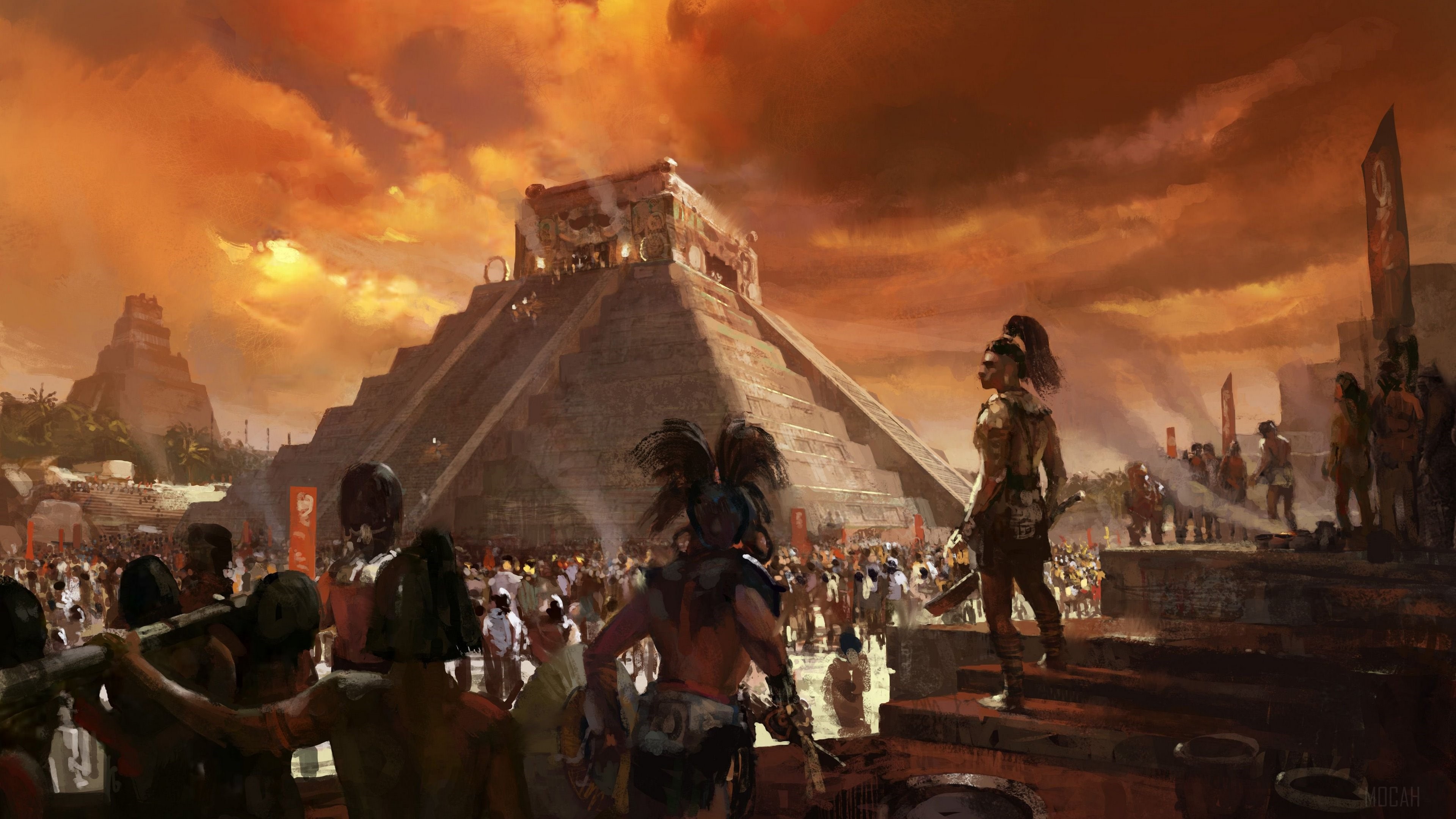 Ancient Mayan City with Pyramid and Crowd HD Wallpaper