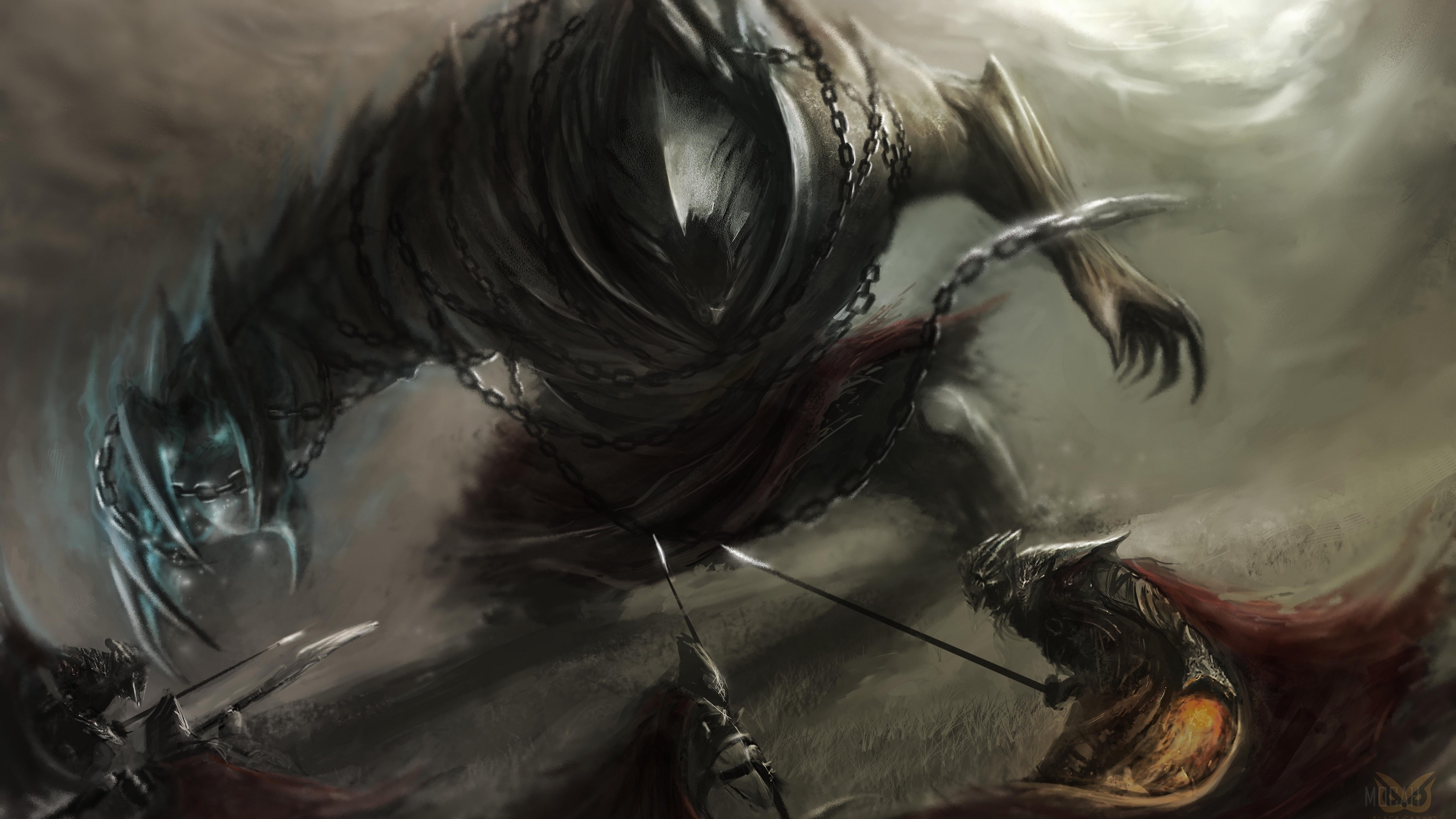 Giant chained monster fighting armored warriors HD Wallpaper