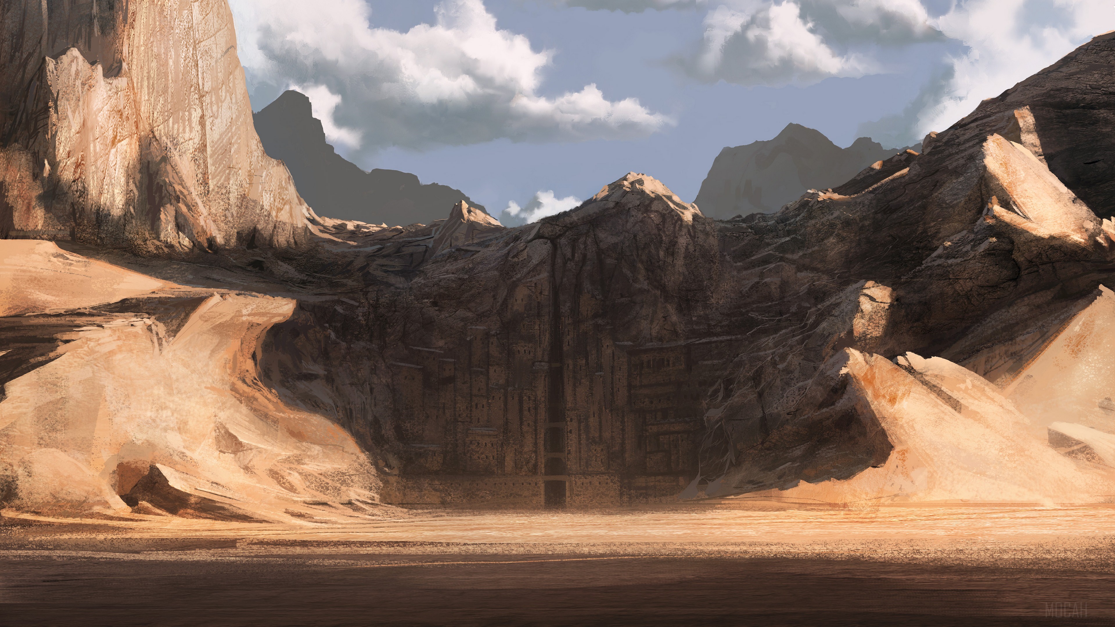 Desert canyon with ancient carved entrance HD Wallpaper