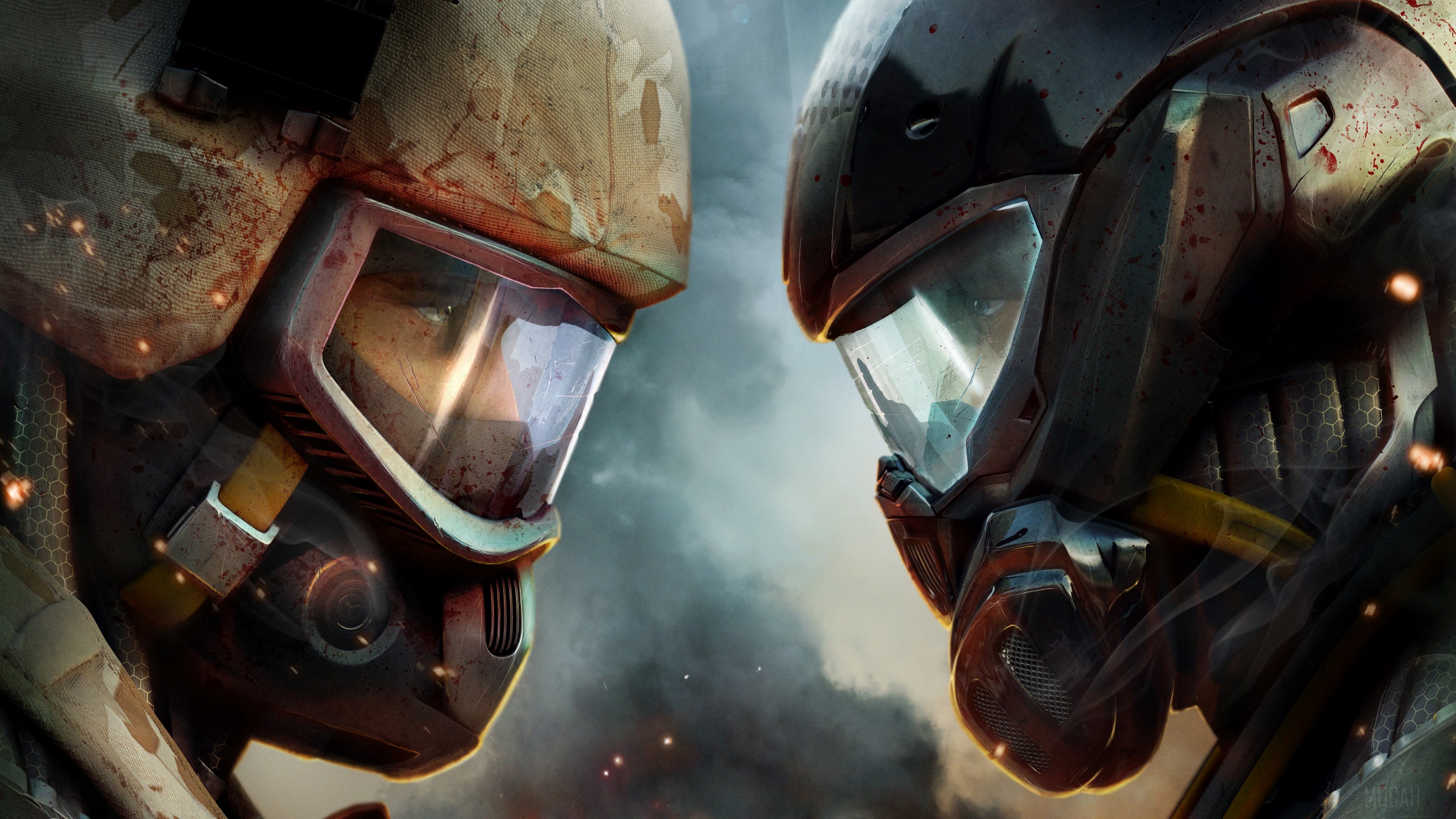Two soldiers in futuristic armor facing each other in 4K HD Wallpaper