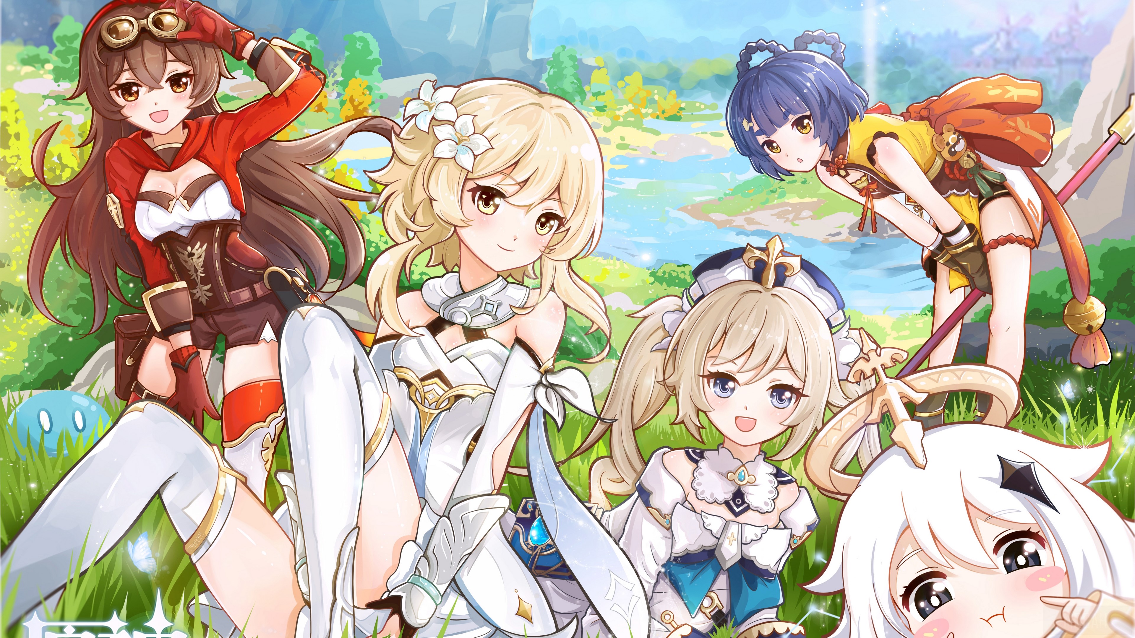 Amber, Barbara, Lumine, Paimon, and Xiangling from Genshin Impact 4K HD Wallpaper
