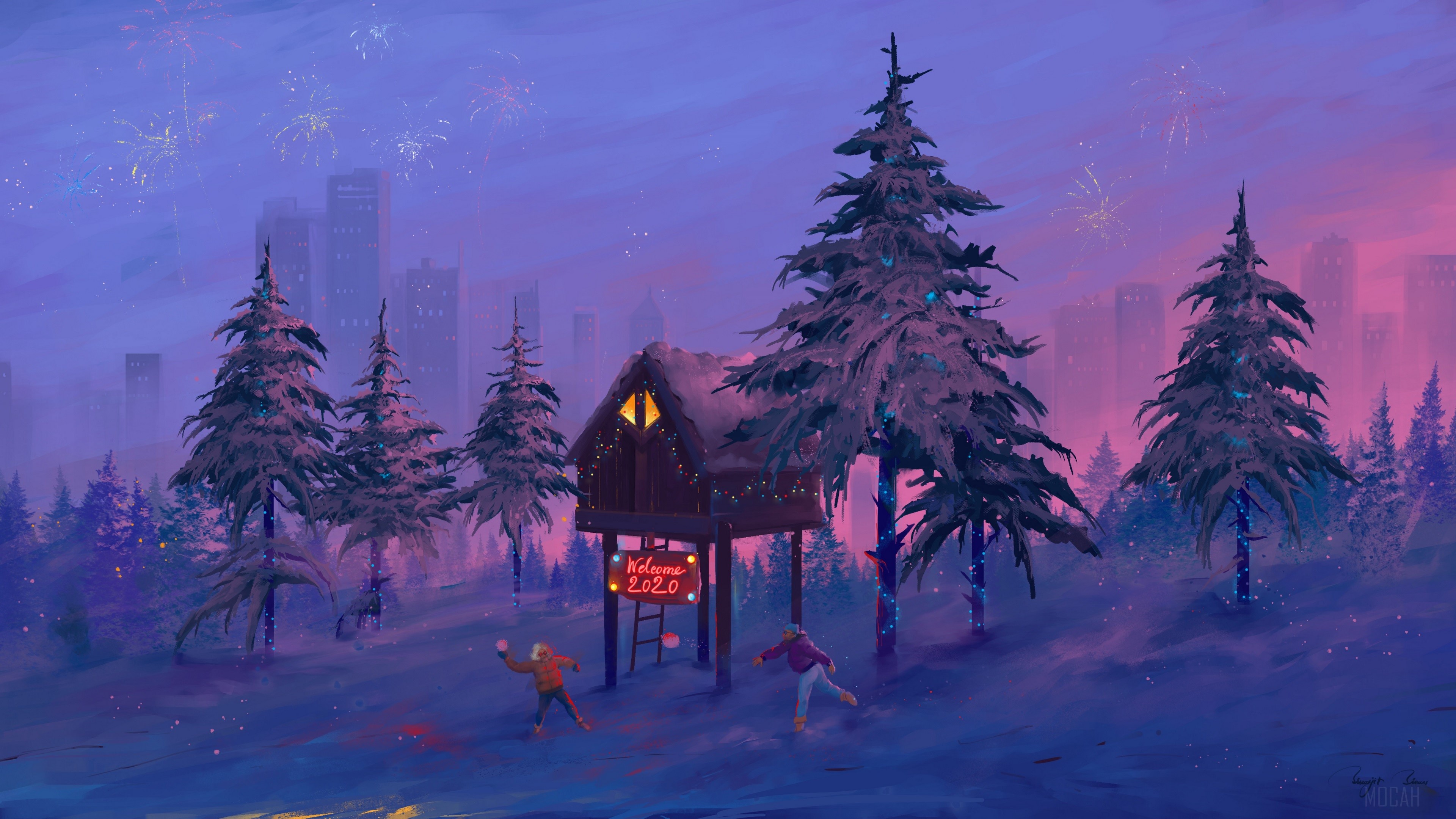 New Year's Eve Celebration in Snowy Forest 4K HD Wallpaper