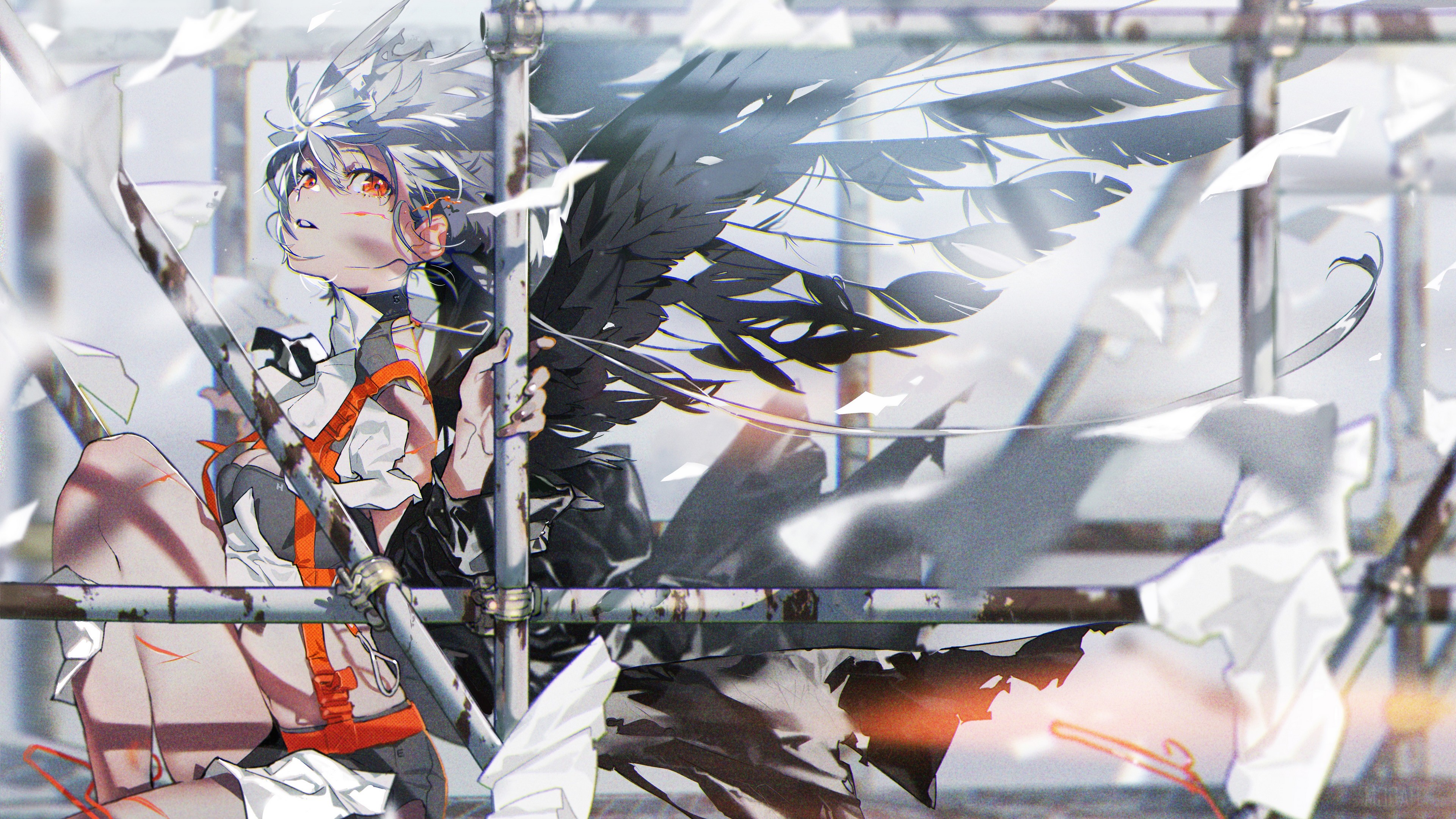 Girl with black wings and white hair 4K HD Wallpaper