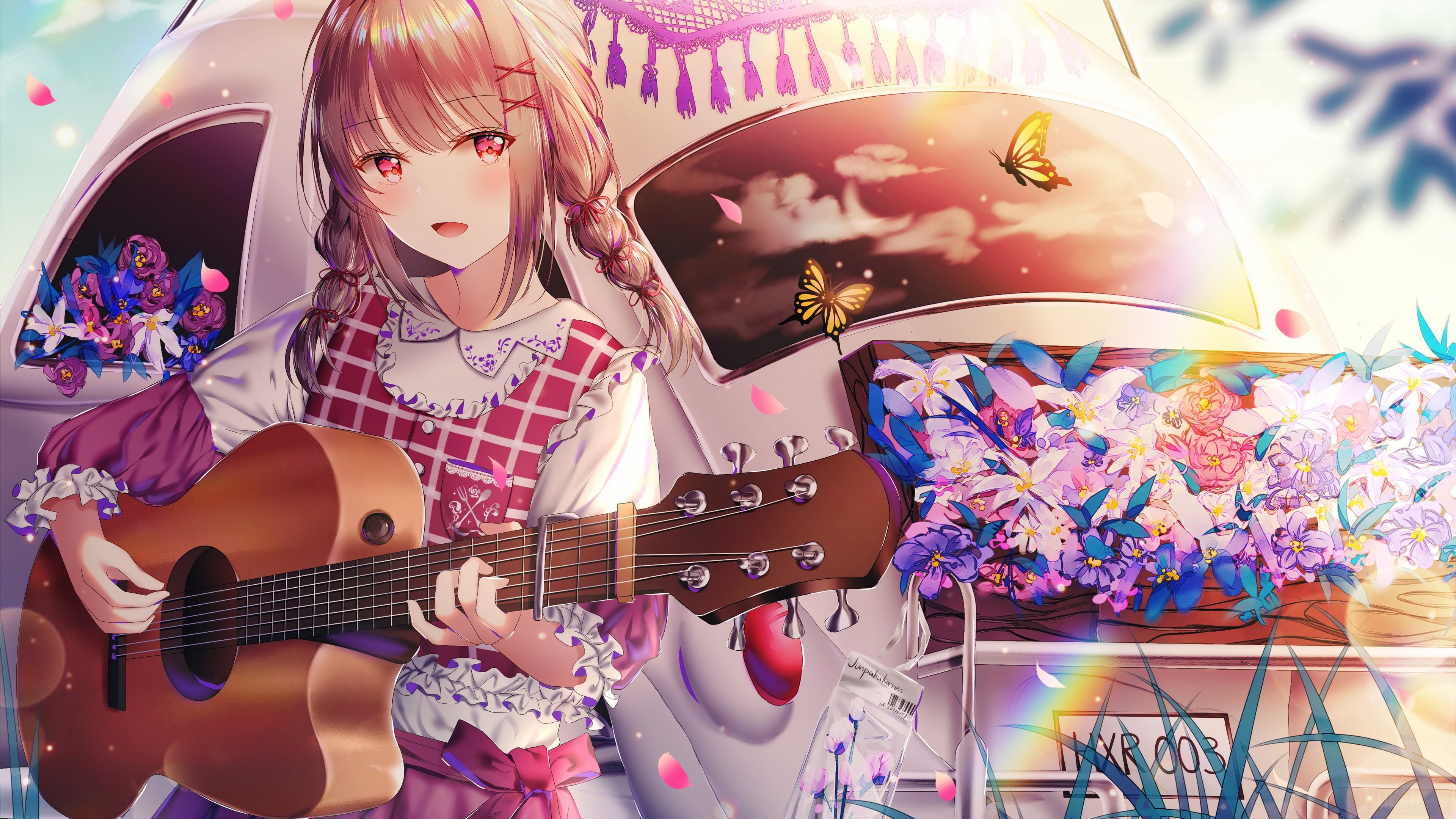 Anime girl with guitar and flowers by car 4K HD Wallpaper