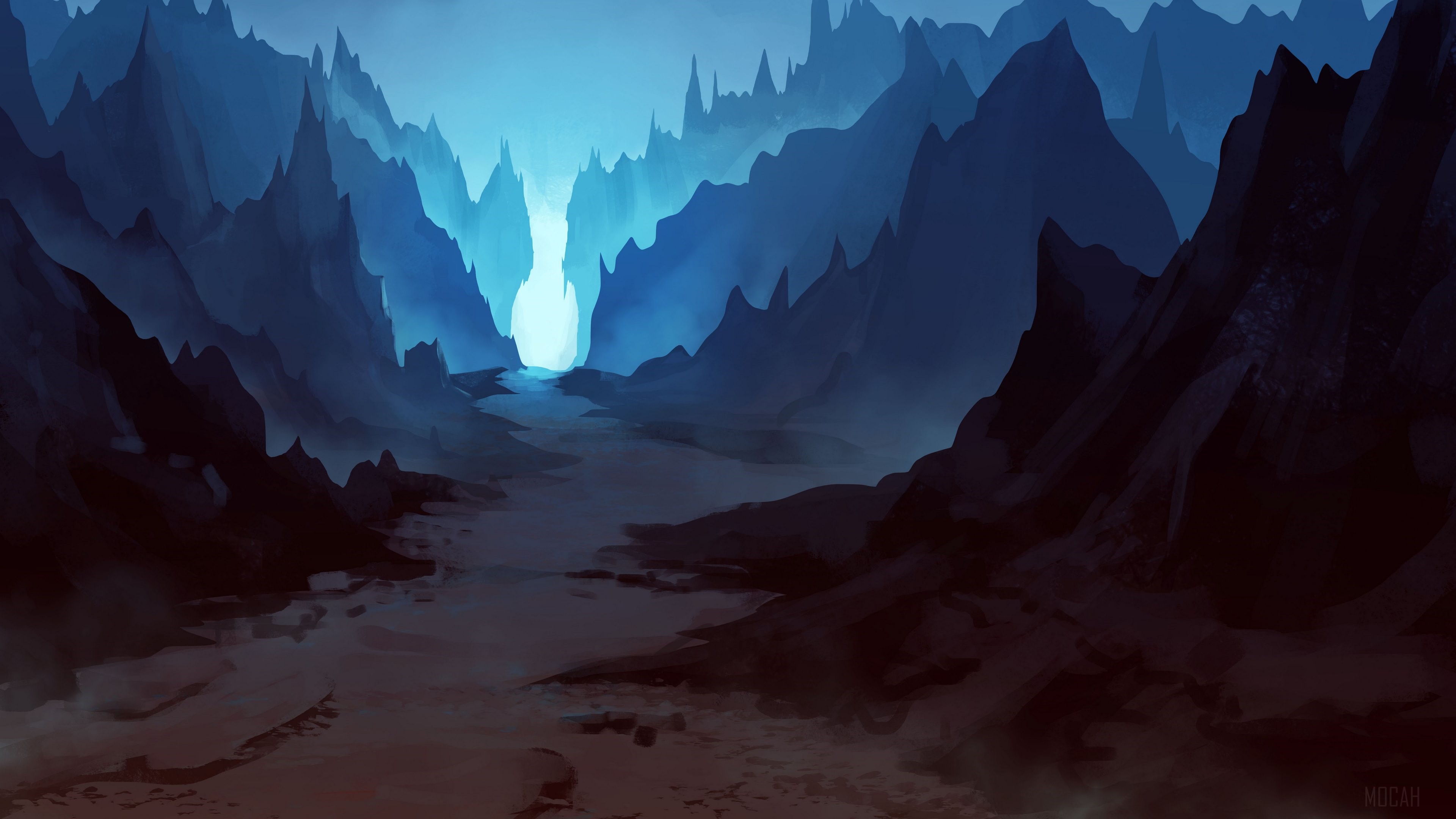Mysterious blue mountain valley with glowing light HD Wallpaper