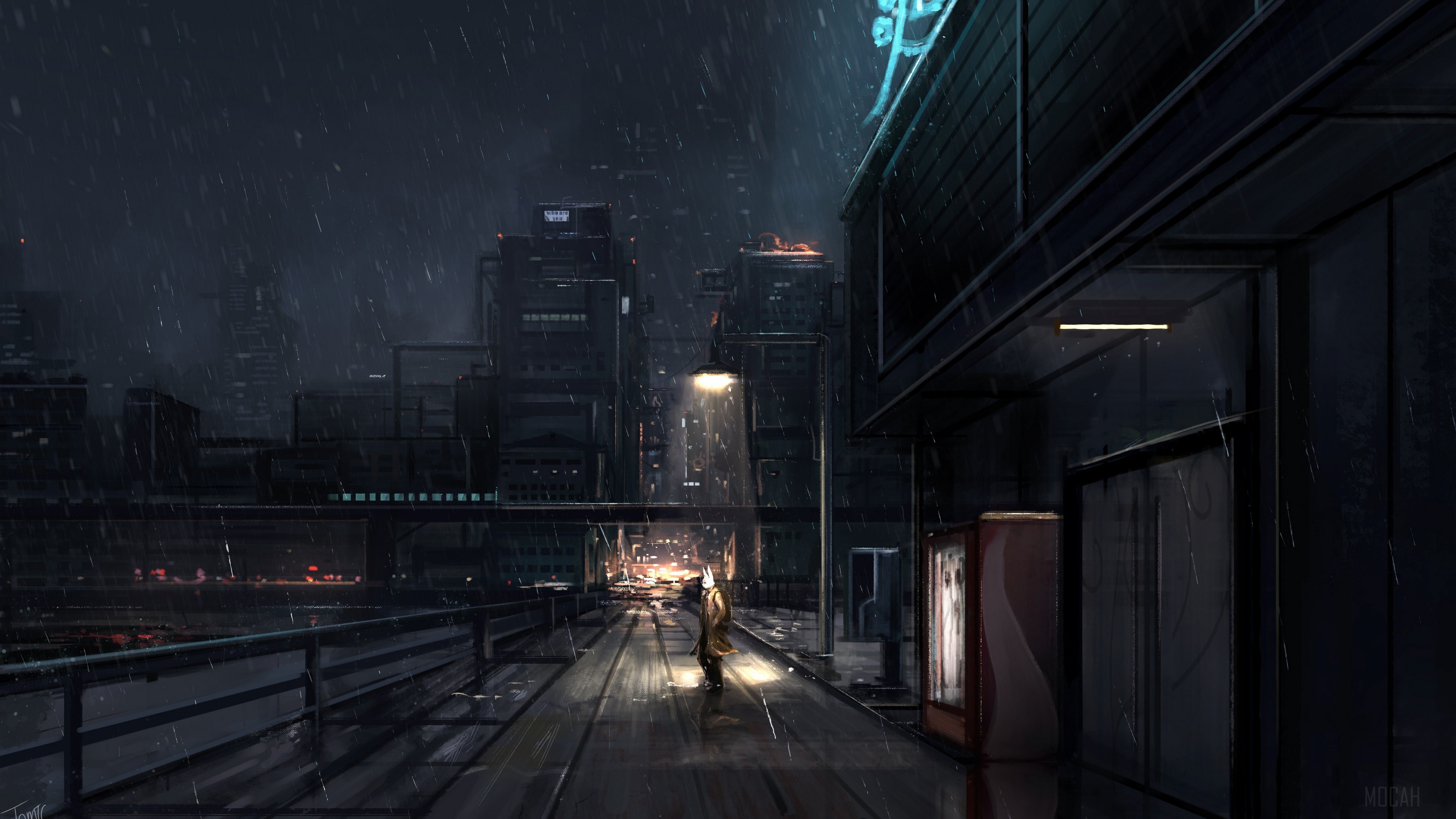 Man in yellow coat in rainy city at night HD Wallpaper