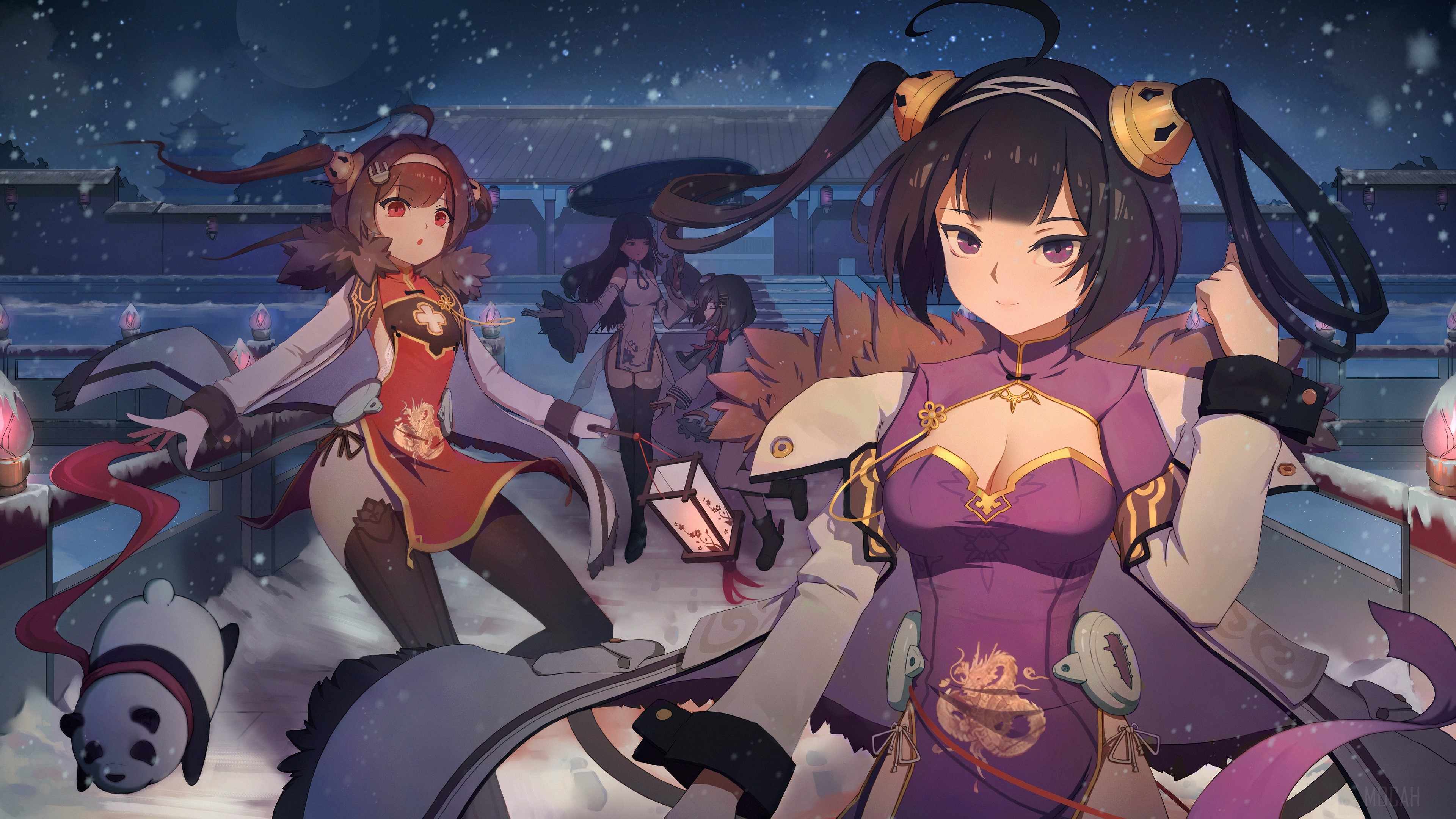 Azur Lane characters Ning Hai, Ping Hai, and Tai Yuan in winter HD Wallpaper