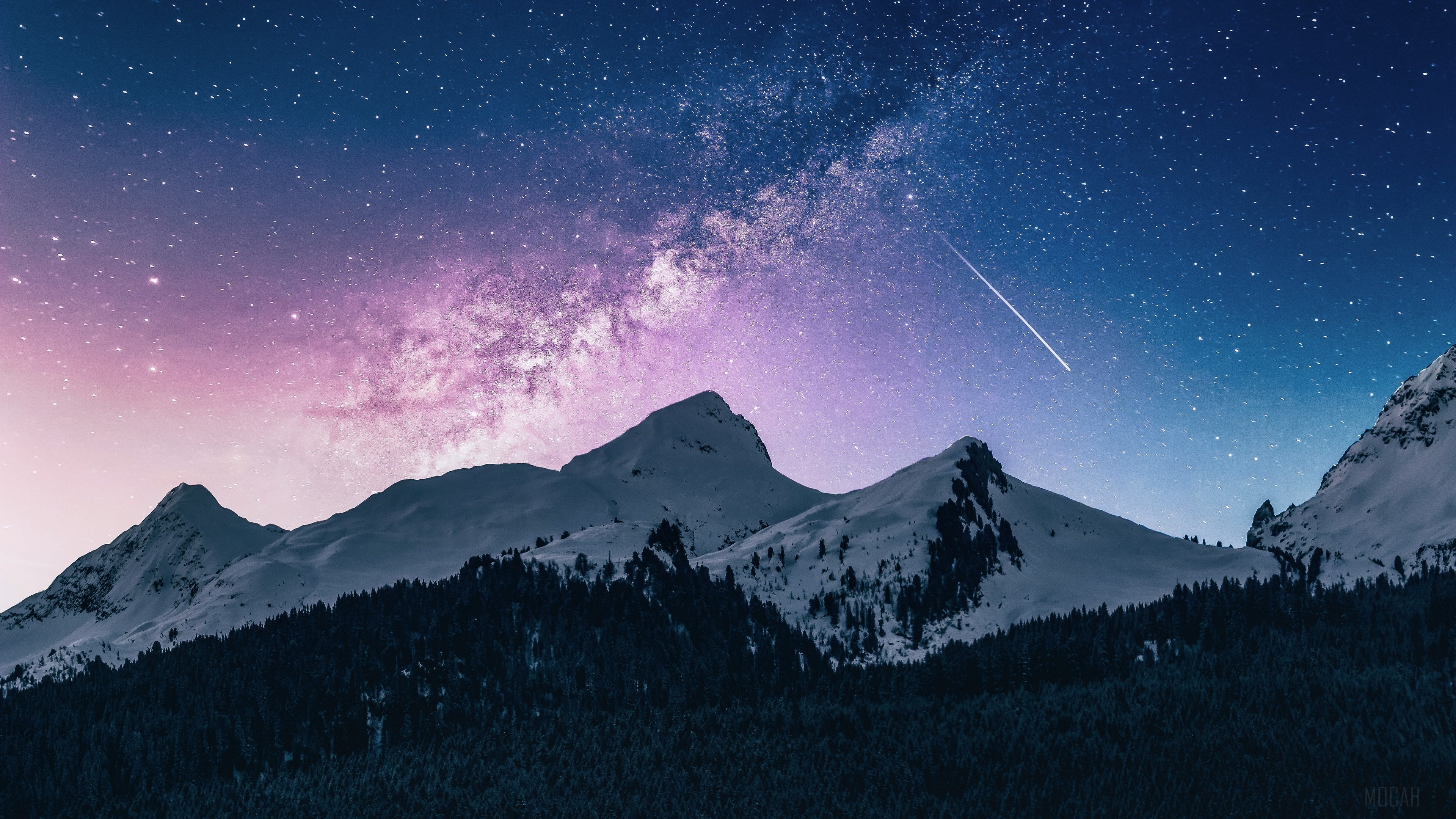 Snowy Mountains Under a Starry Night Sky with Milky Way HD Wallpaper