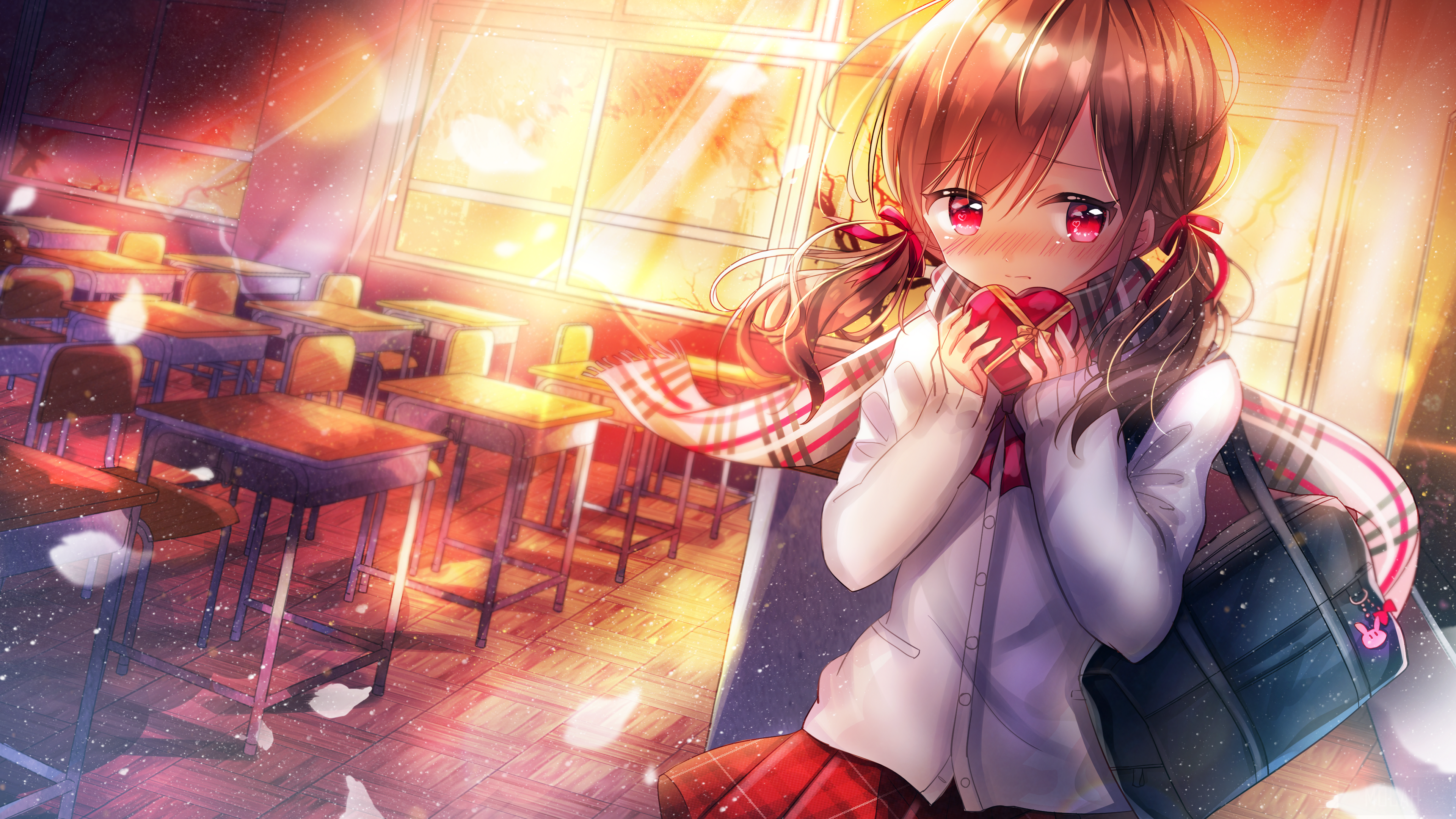 Girl with pink eyes holding a heart-shaped box in a classroom 4K HD Wallpaper