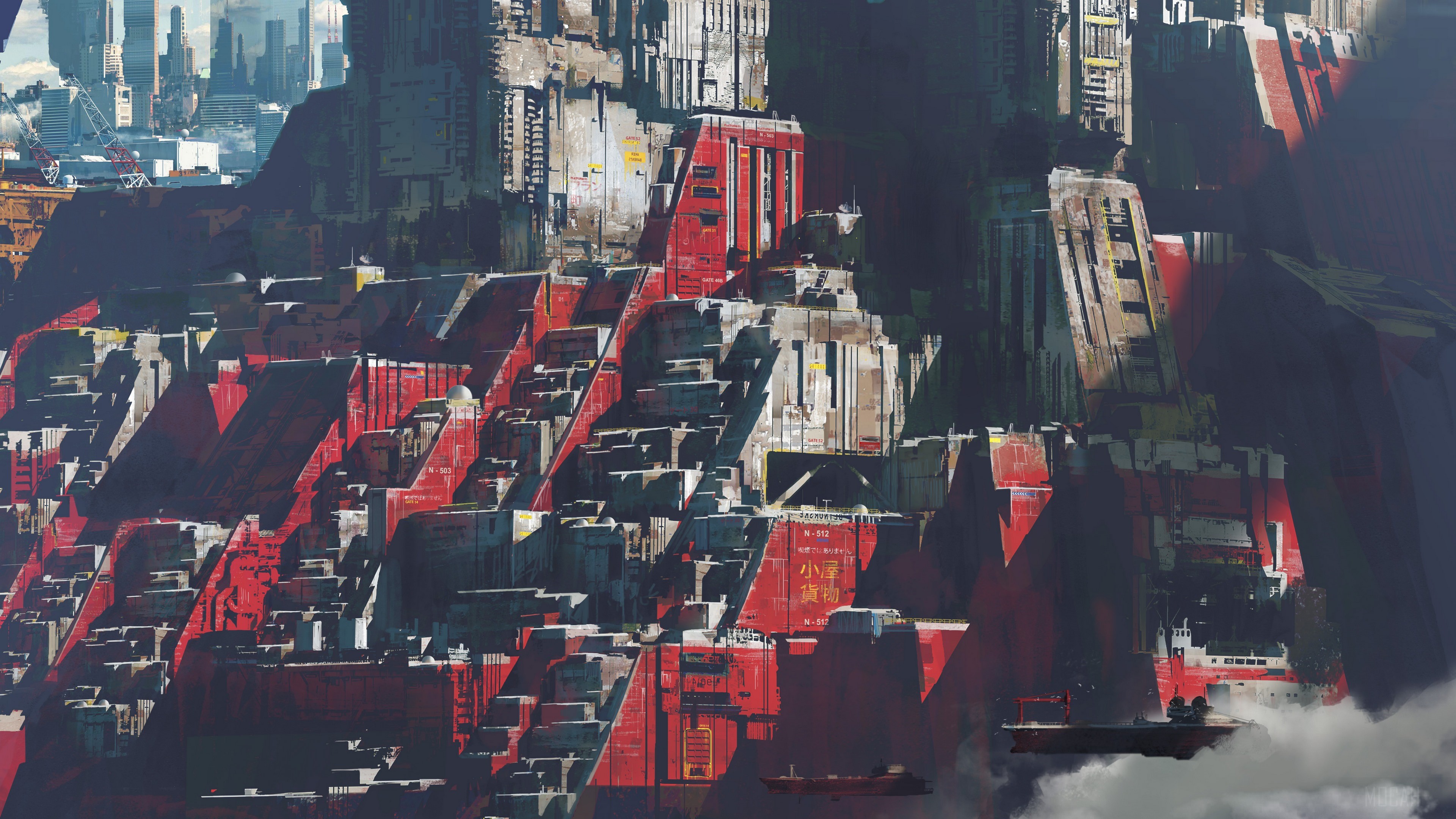 Futuristic Cityscape with Red and Gray Structures 4K HD Wallpaper