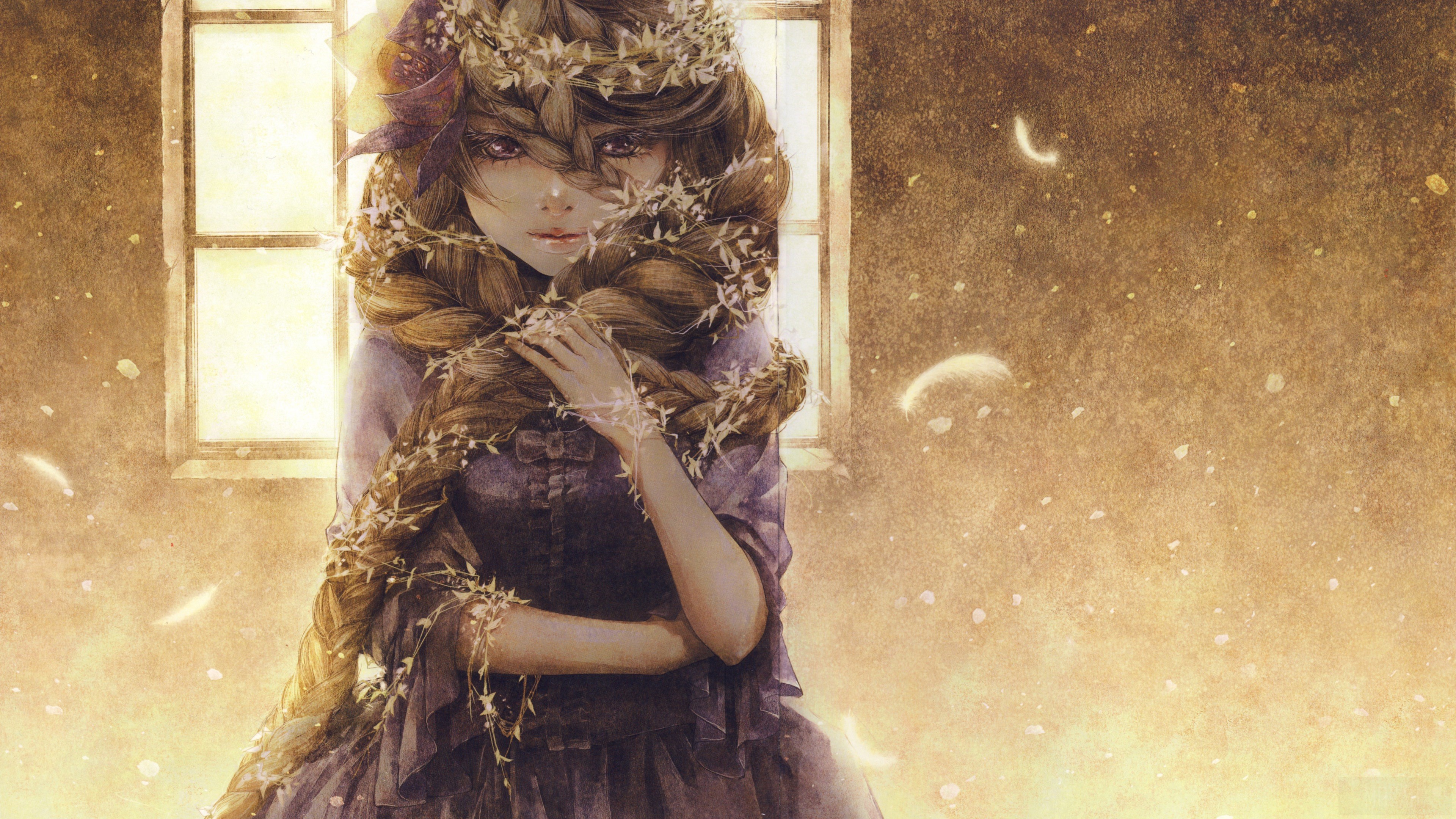Girl with long braid and flowers in hair HD Wallpaper