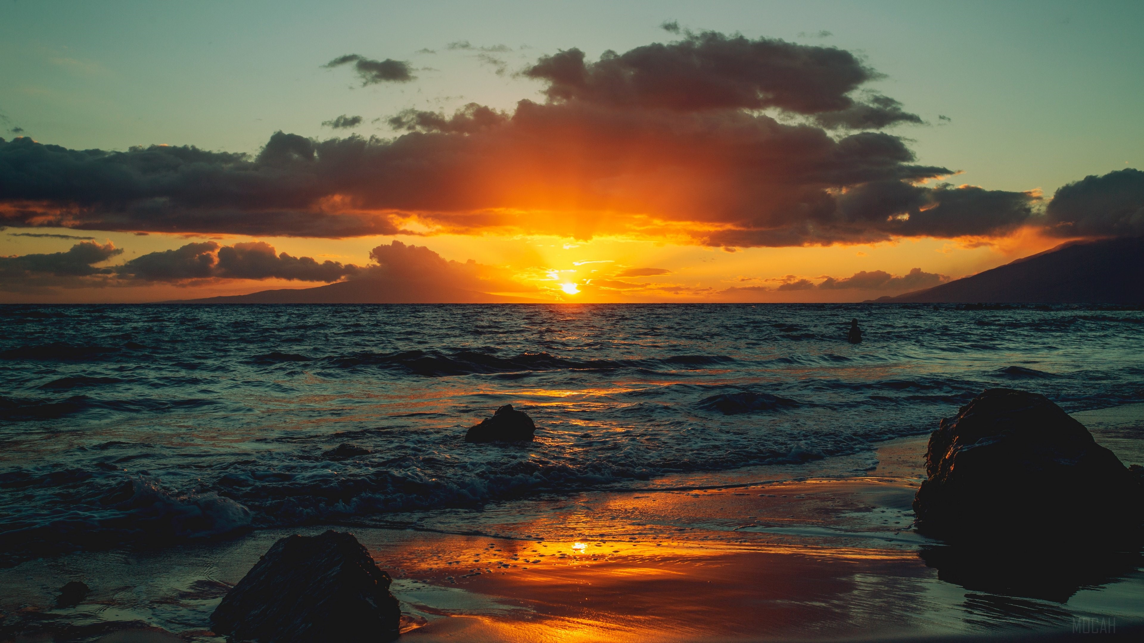 Ocean Sunset with Clouds and Mountains 4K HD Wallpaper
