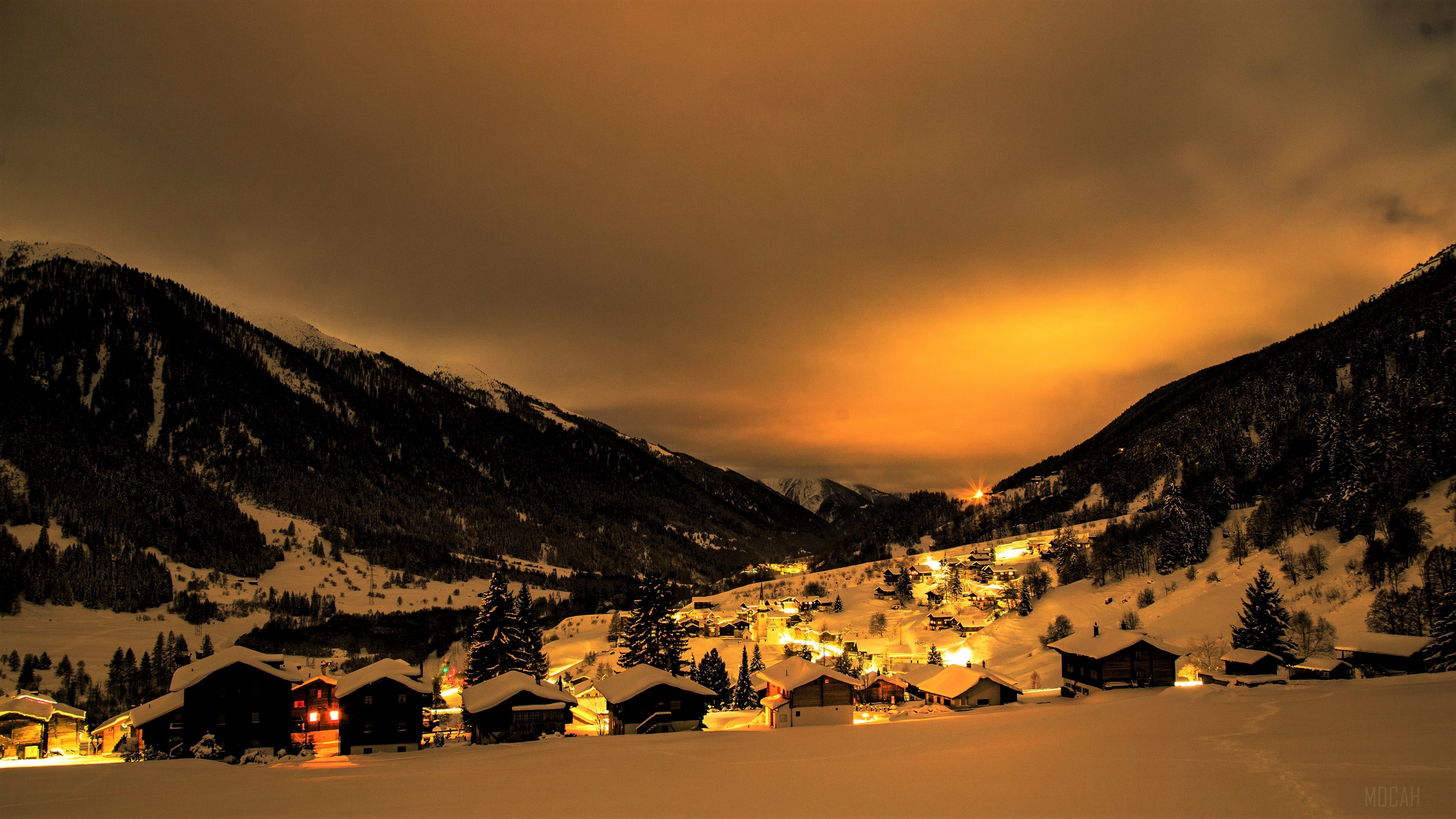 Winter Village in Swiss Alps at Night 4K HD Wallpaper