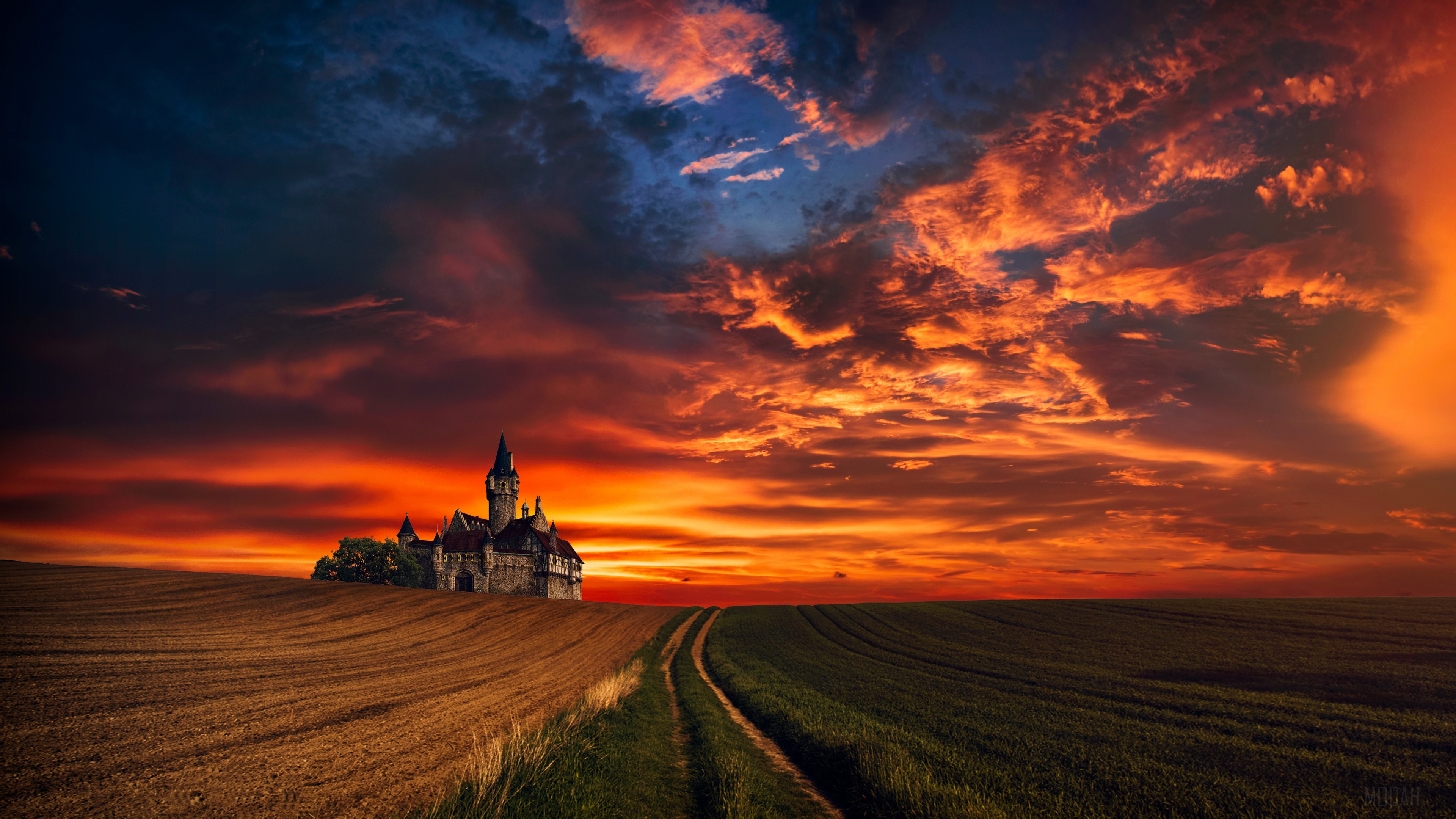 Castle at Sunset over Wheat and Grass Fields 4k HD Wallpaper