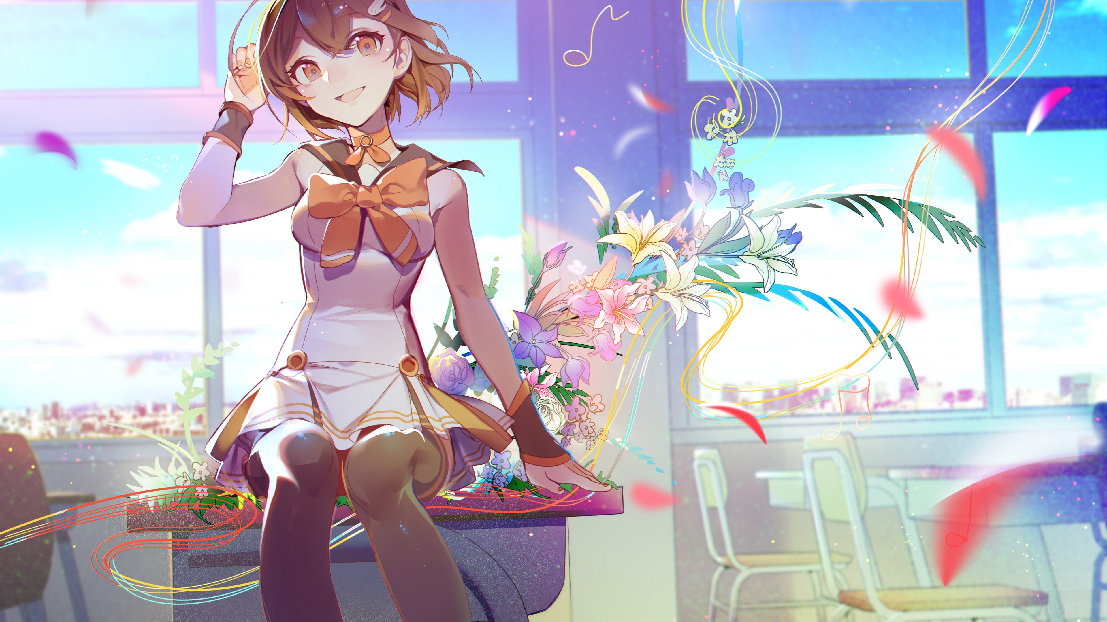Girl with flowers in classroom HD Wallpaper