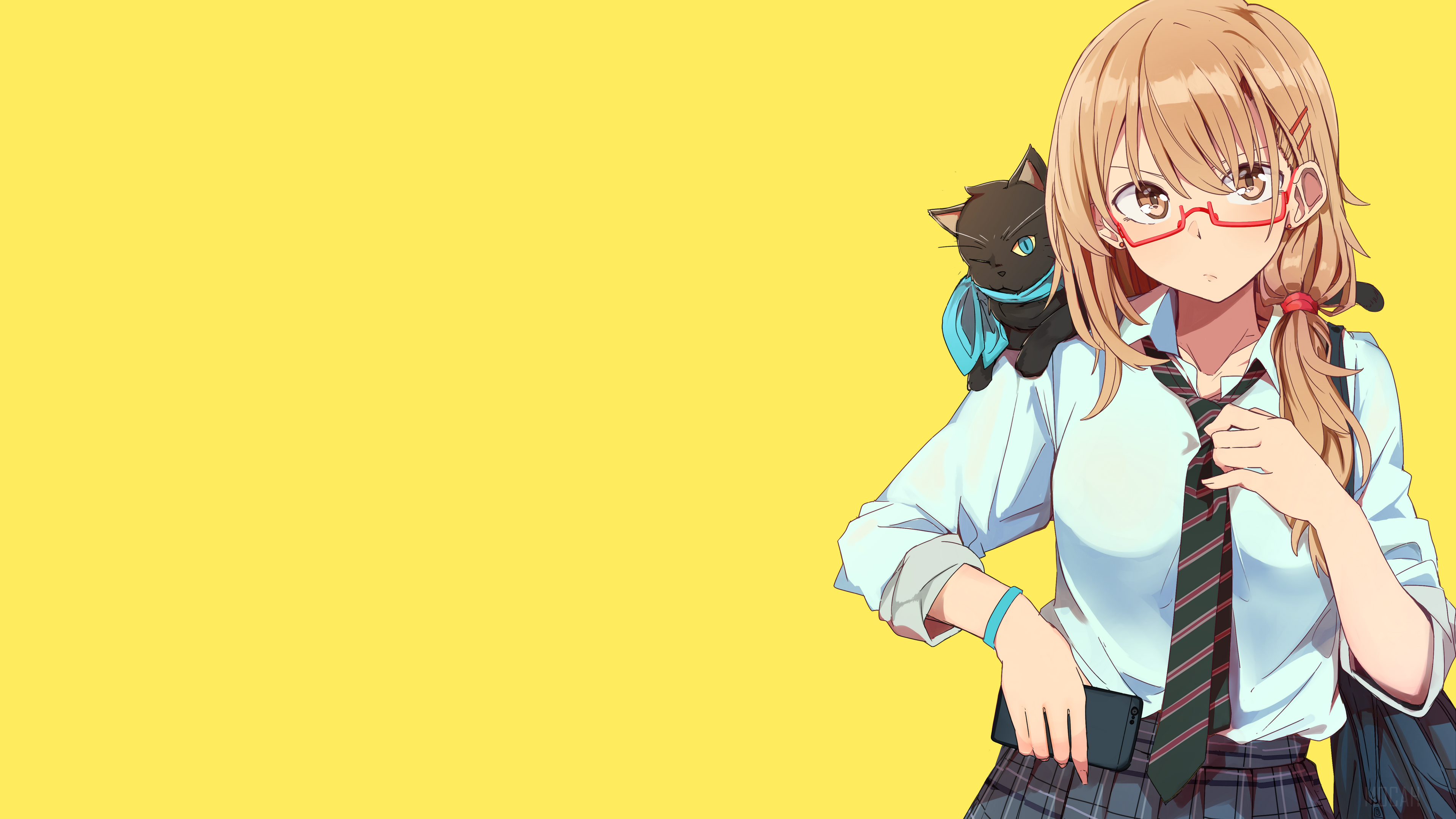 Anime girl with cat and glasses HD Wallpaper