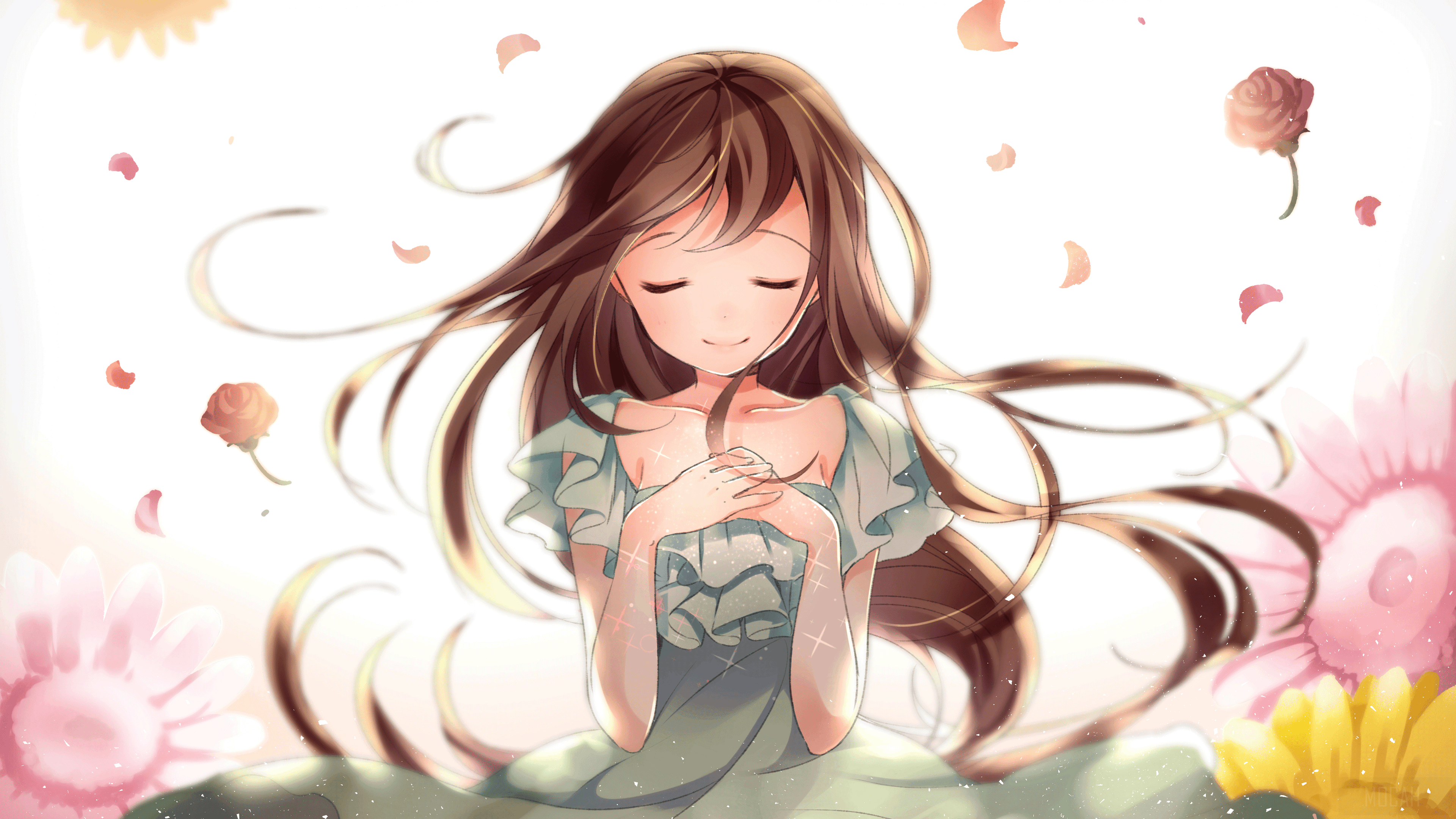 Anime girl with flowers HD Wallpaper
