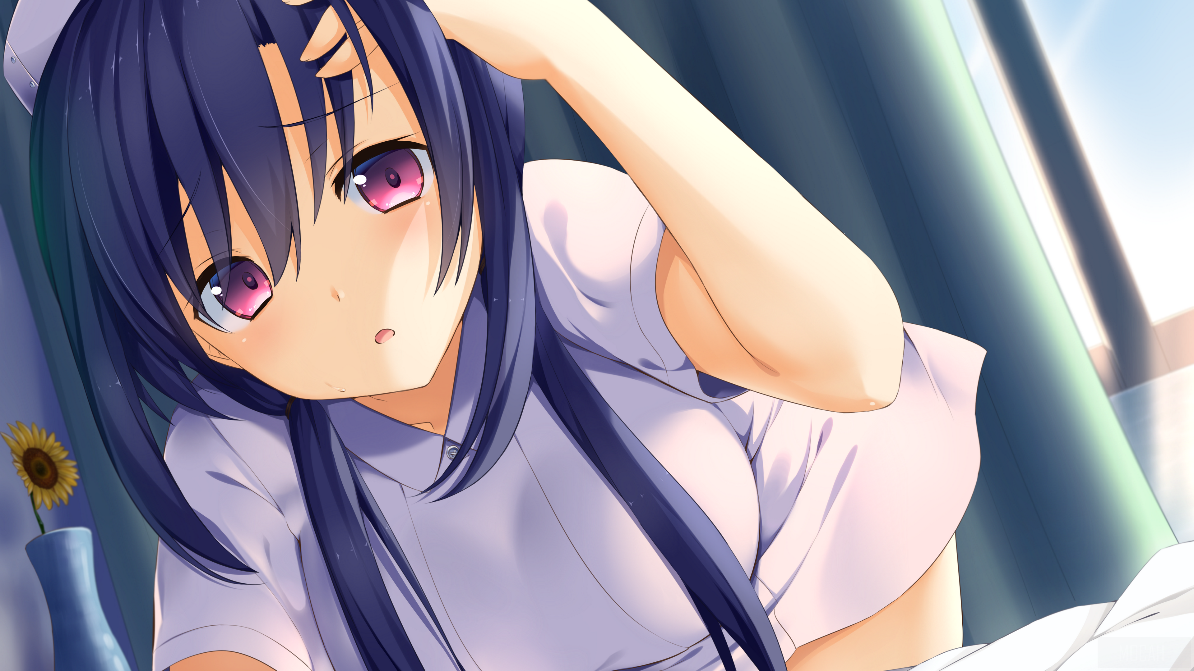 Anime girl in nurse uniform with pink eyes HD Wallpaper